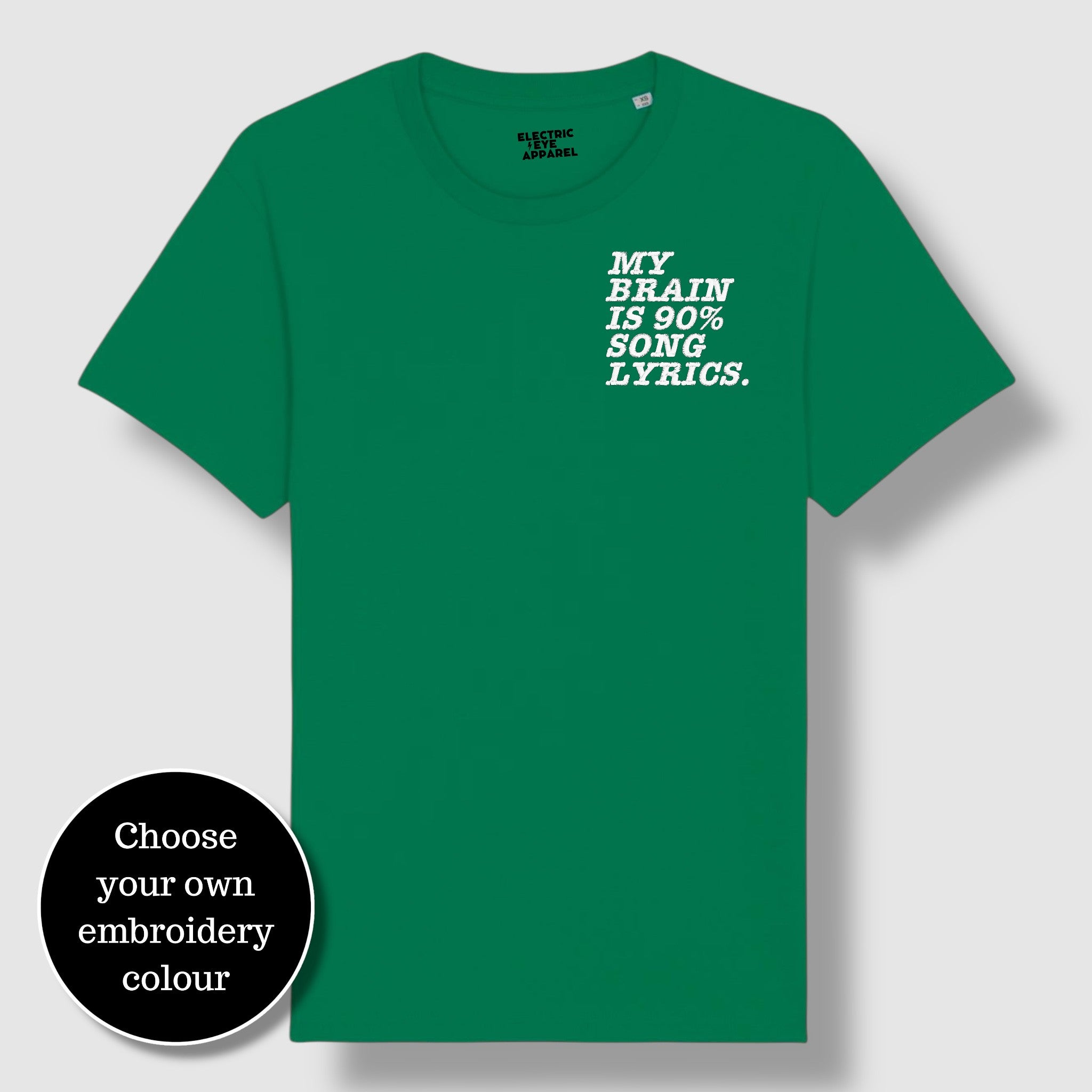 'MY BRAIN IS 90% SONG LYRICS' men's left chest embroidered premium organic classic crew neck 'Rocker' t-shirt
