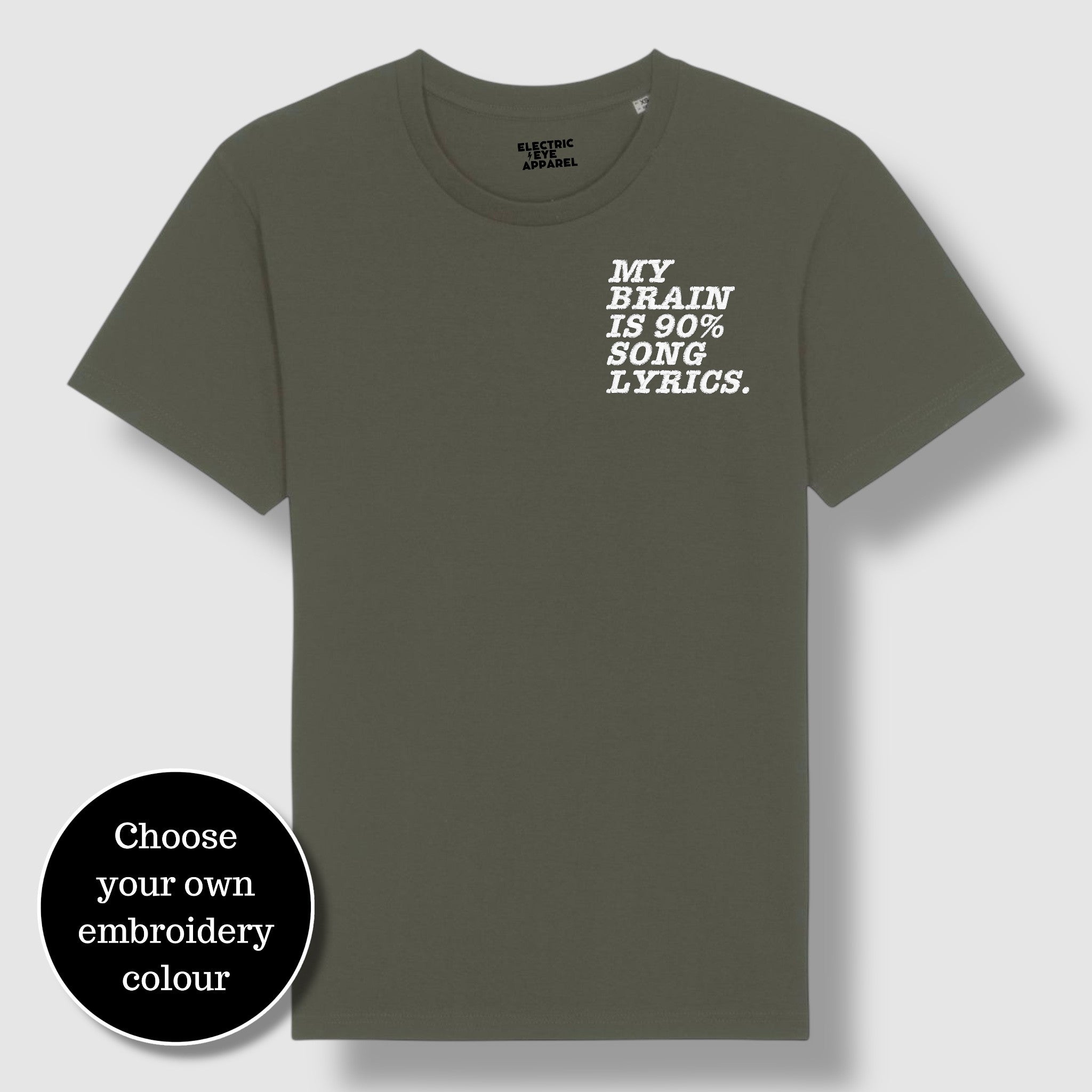 'MY BRAIN IS 90% SONG LYRICS' men's left chest embroidered premium organic classic crew neck 'Rocker' t-shirt