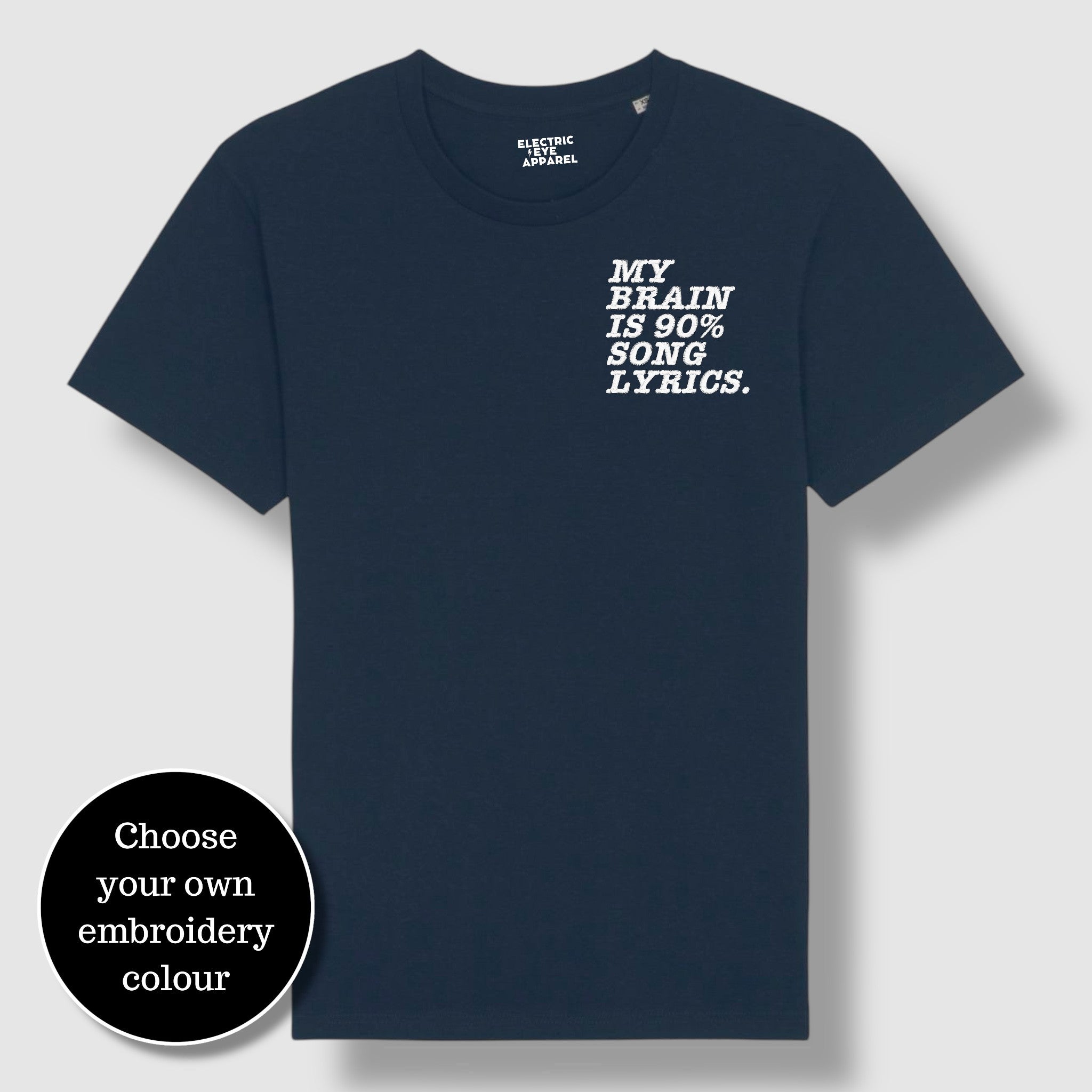 'MY BRAIN IS 90% SONG LYRICS' men's left chest embroidered premium organic classic crew neck 'Rocker' t-shirt