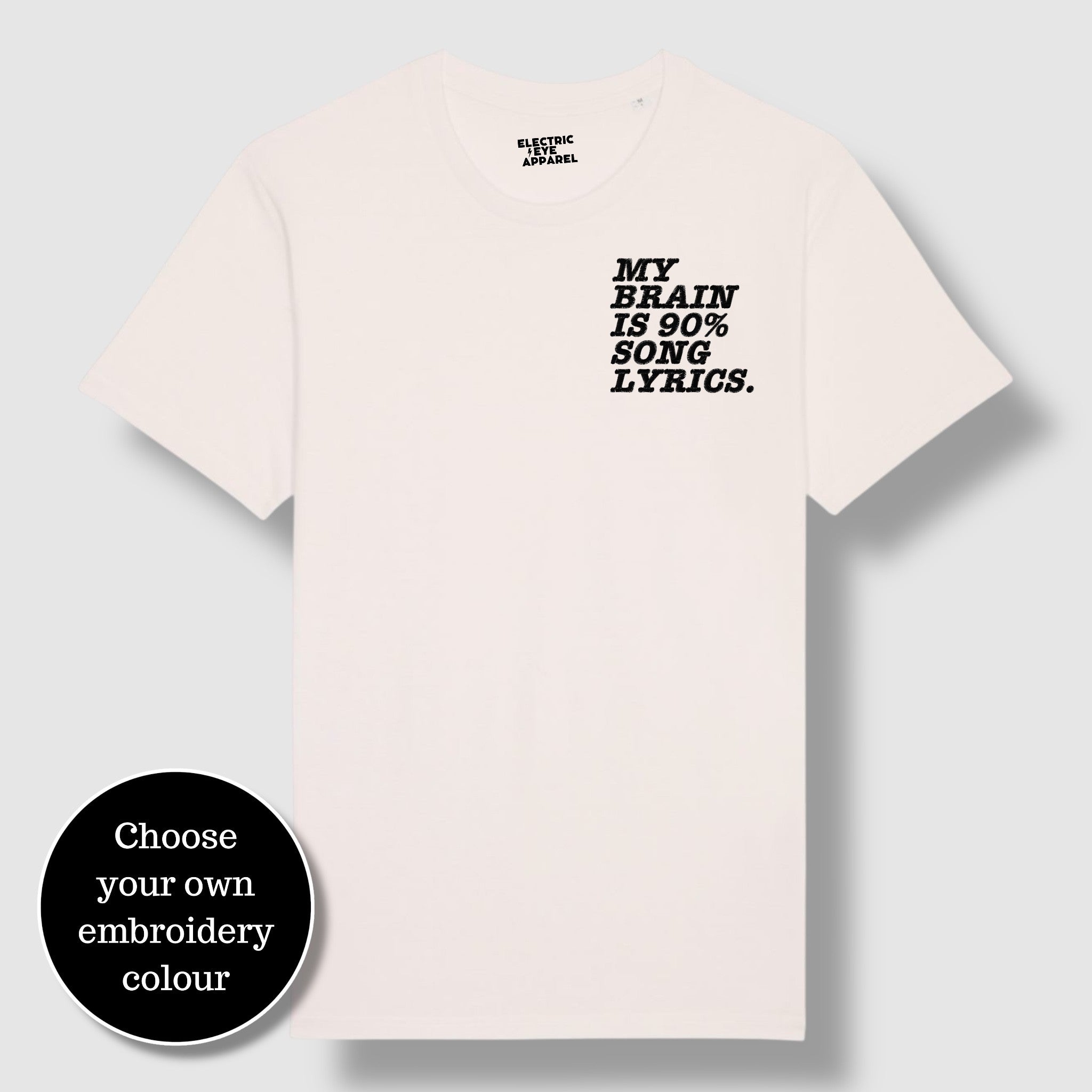 'MY BRAIN IS 90% SONG LYRICS' men's left chest embroidered premium organic classic crew neck 'Rocker' t-shirt