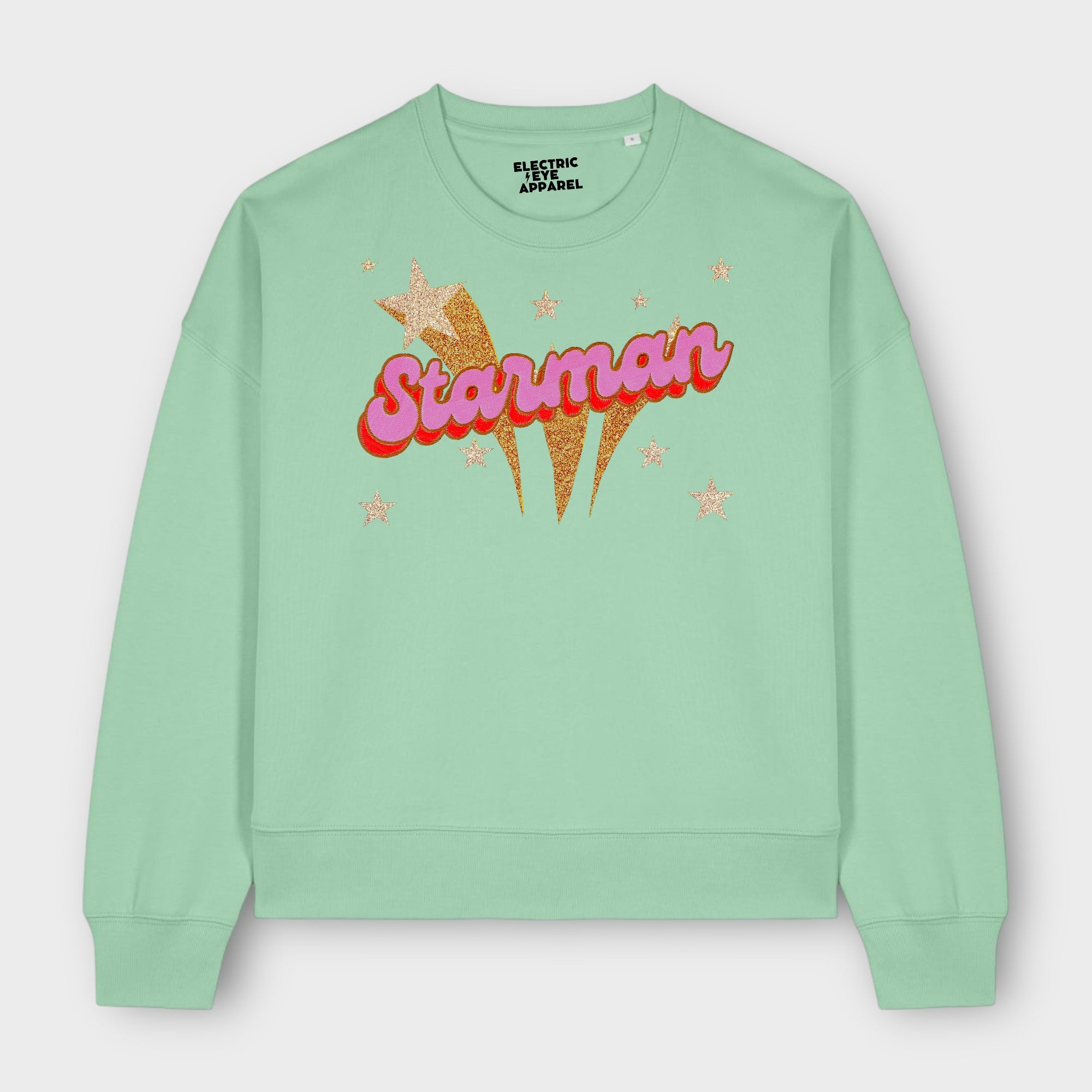 Gold Label 'STARMAN' 1970s glam glitter star embroidered organic women's dropped shoulder 'alma' sweatshirt - inspired by David Bowie