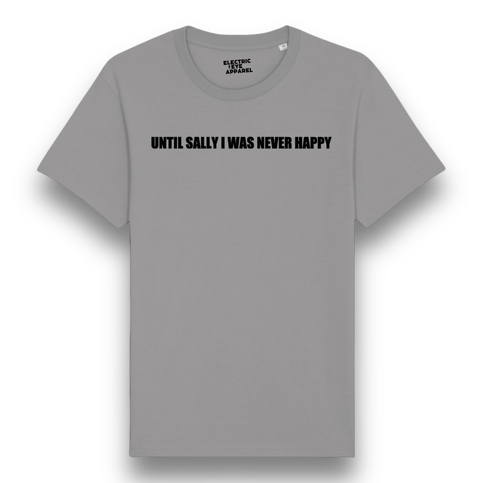 'UNTIL SALLY I WAS NEVER HAPPY' embroidered premium organic iconic men's 'rocker' t-shirt - inspired by The Stone Roses