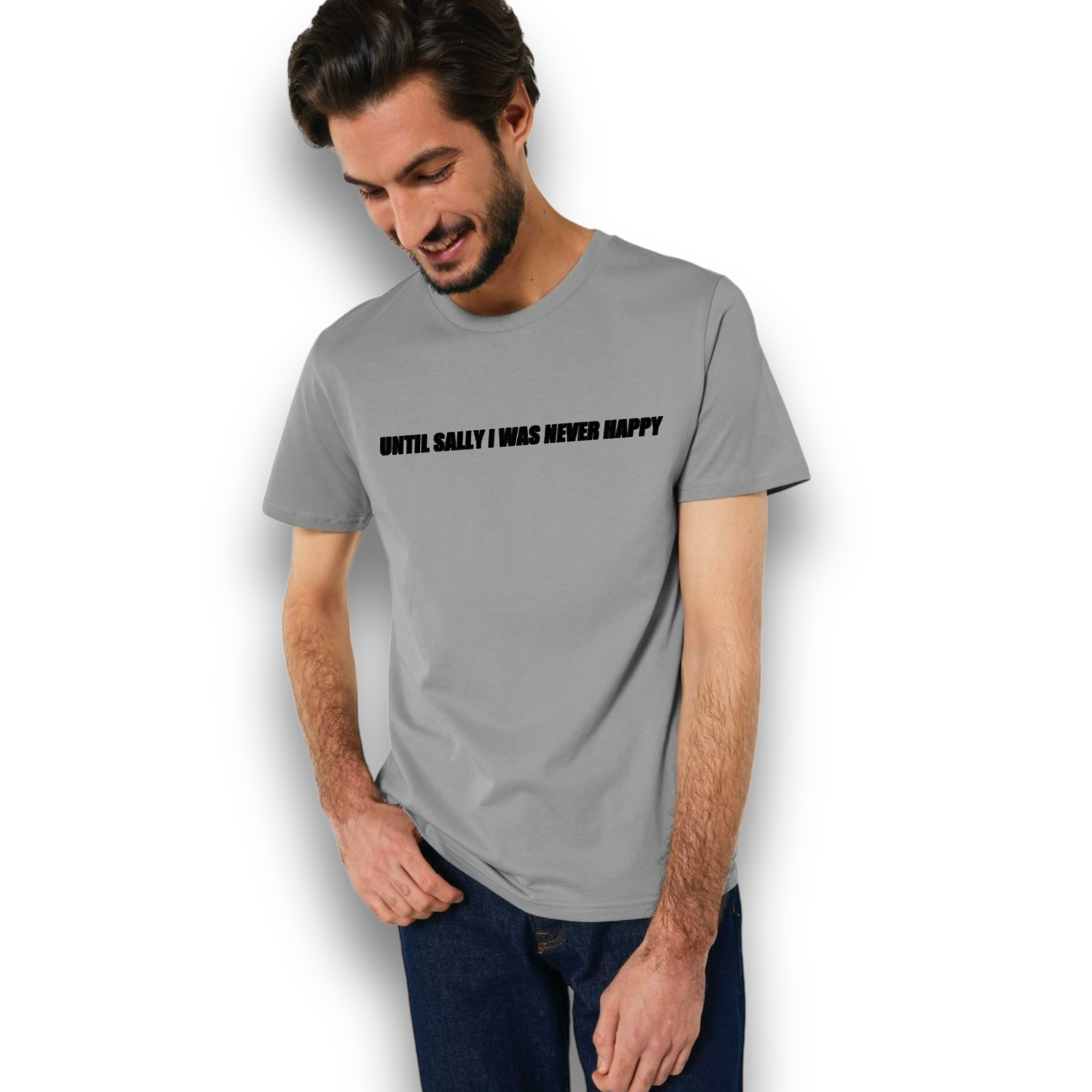 'UNTIL SALLY I WAS NEVER HAPPY' embroidered premium organic iconic men's 'rocker' t-shirt - inspired by The Stone Roses