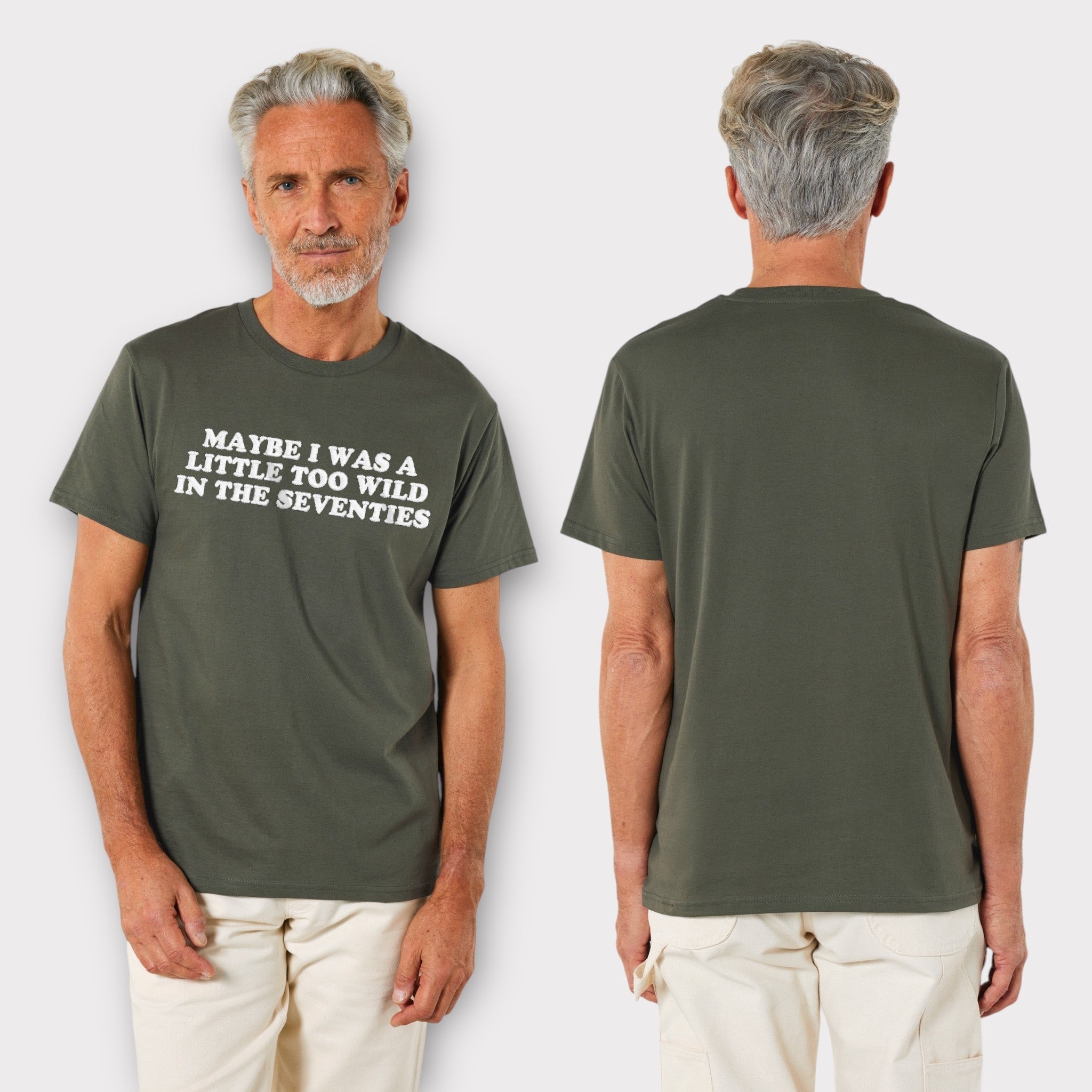 'MAYBE I WAS A LITTLE TOO WILD IN THE SEVENTIES' embroidered premium organic classic men's crew neck 'Rocker' t-shirt