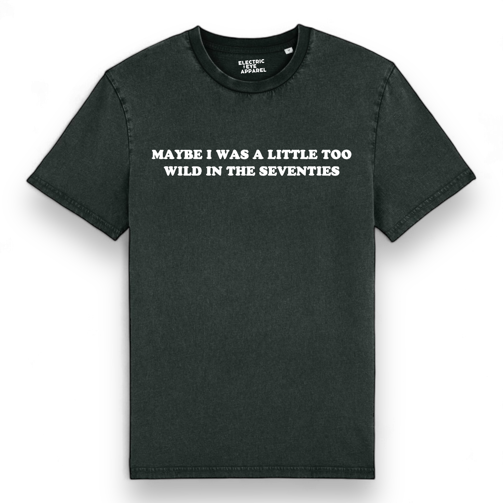 'MAYBE I WAS A LITTLE TOO WILD IN THE SEVENTIES' embroidered premium organic unisex vintage aged t-shirt - inspired by Arctic Monkeys