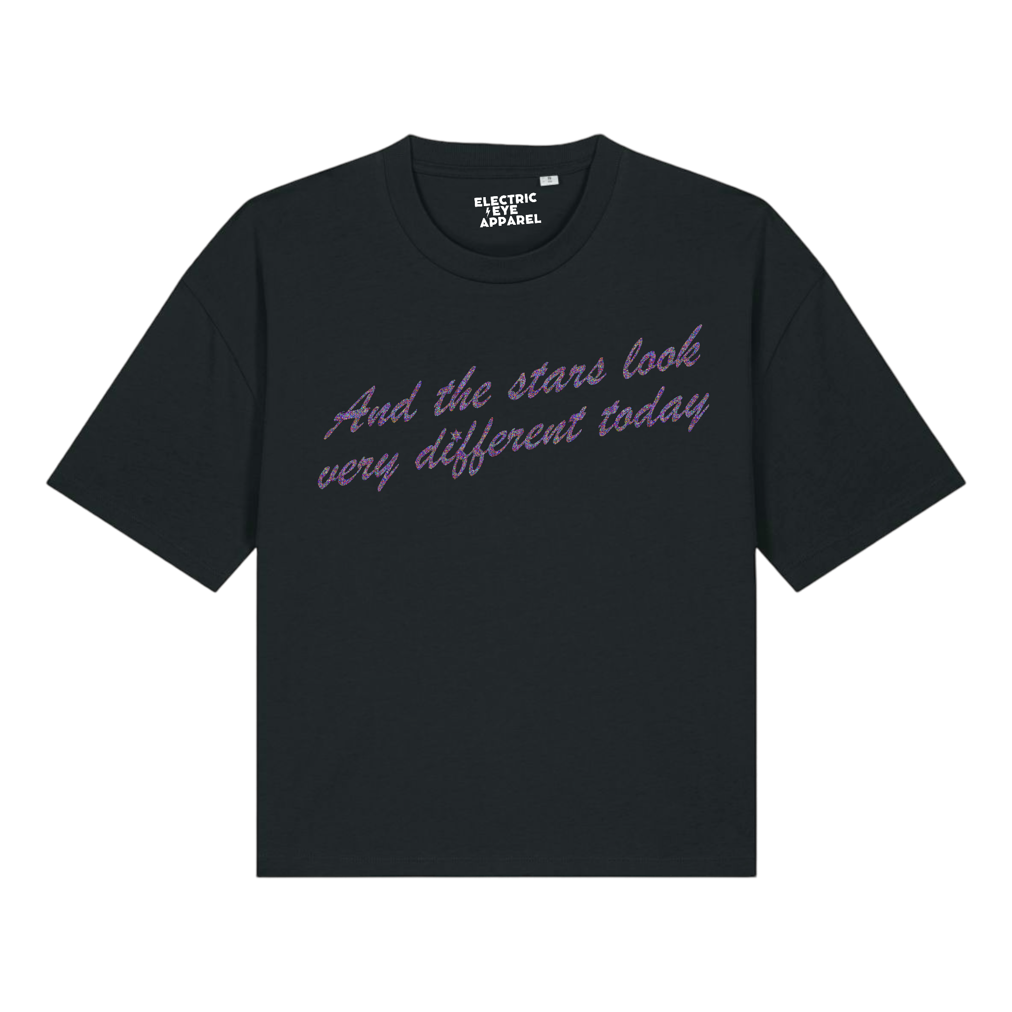 'AND THE STARS LOOK VERY DIFFERENT TODAY' glitter embroidered premium organic women's boxy 'nova' t-shirt - inspired by David Bowie