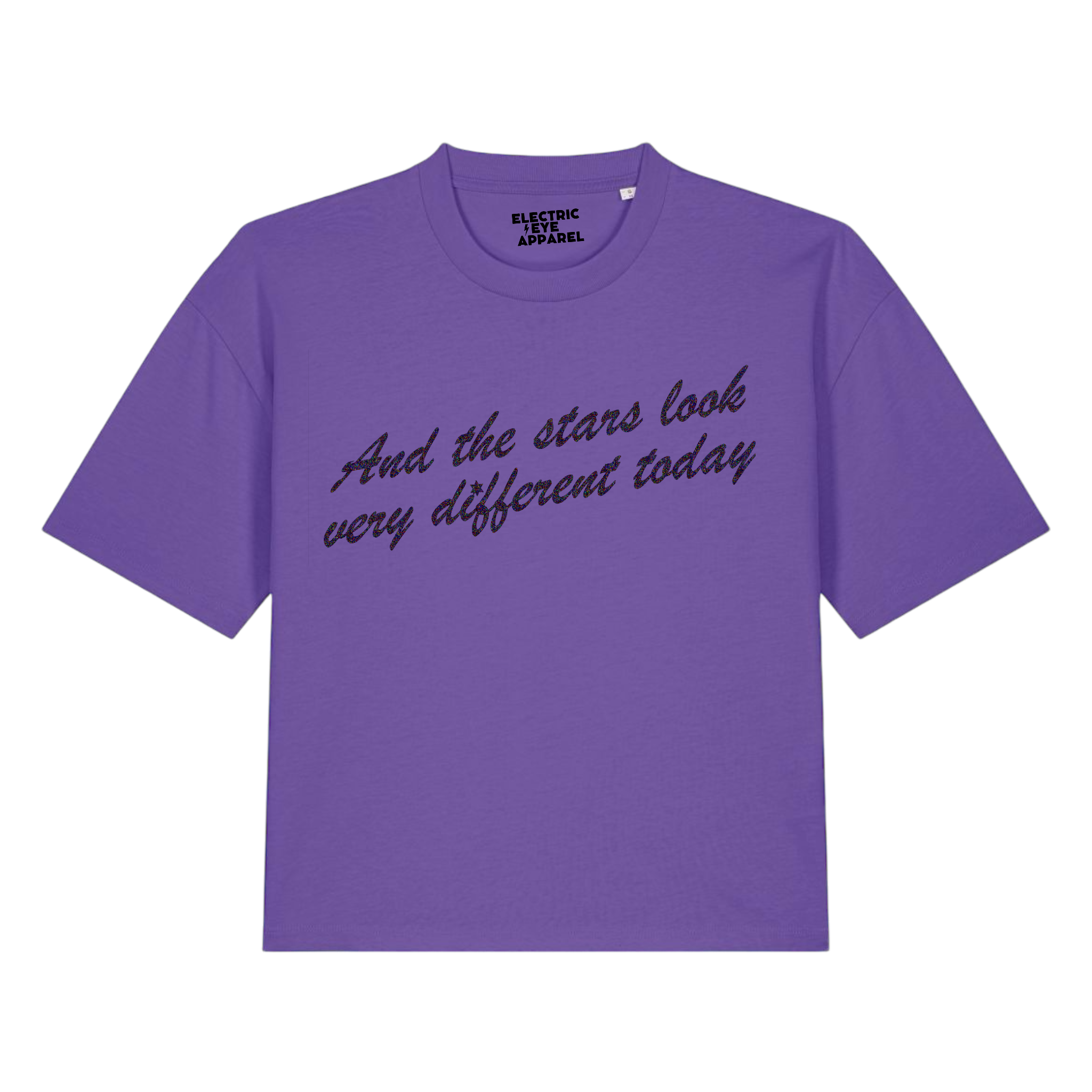 'AND THE STARS LOOK VERY DIFFERENT TODAY' glitter embroidered premium organic women's boxy 'nova' t-shirt - inspired by David Bowie