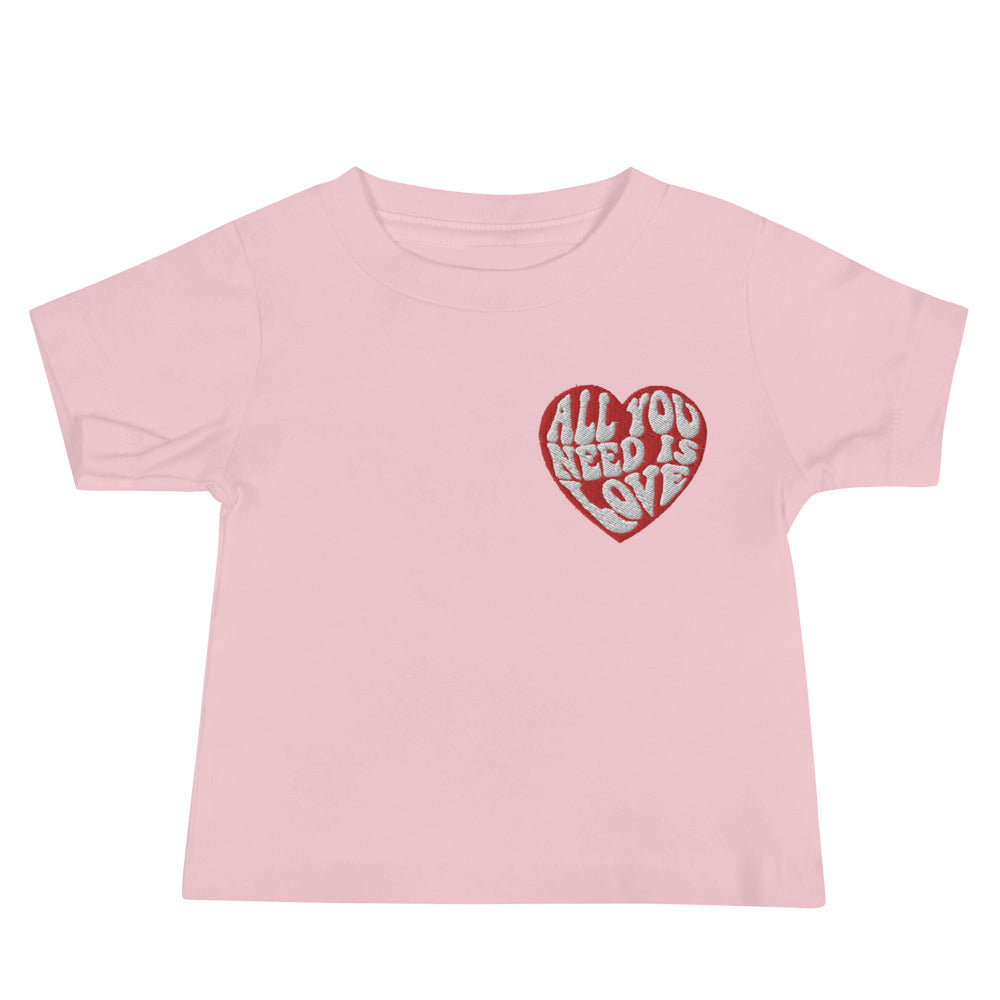 All You Need Is Love Heart Badge Embroidered Organic Baby Jersey Short Sleeve Tee
