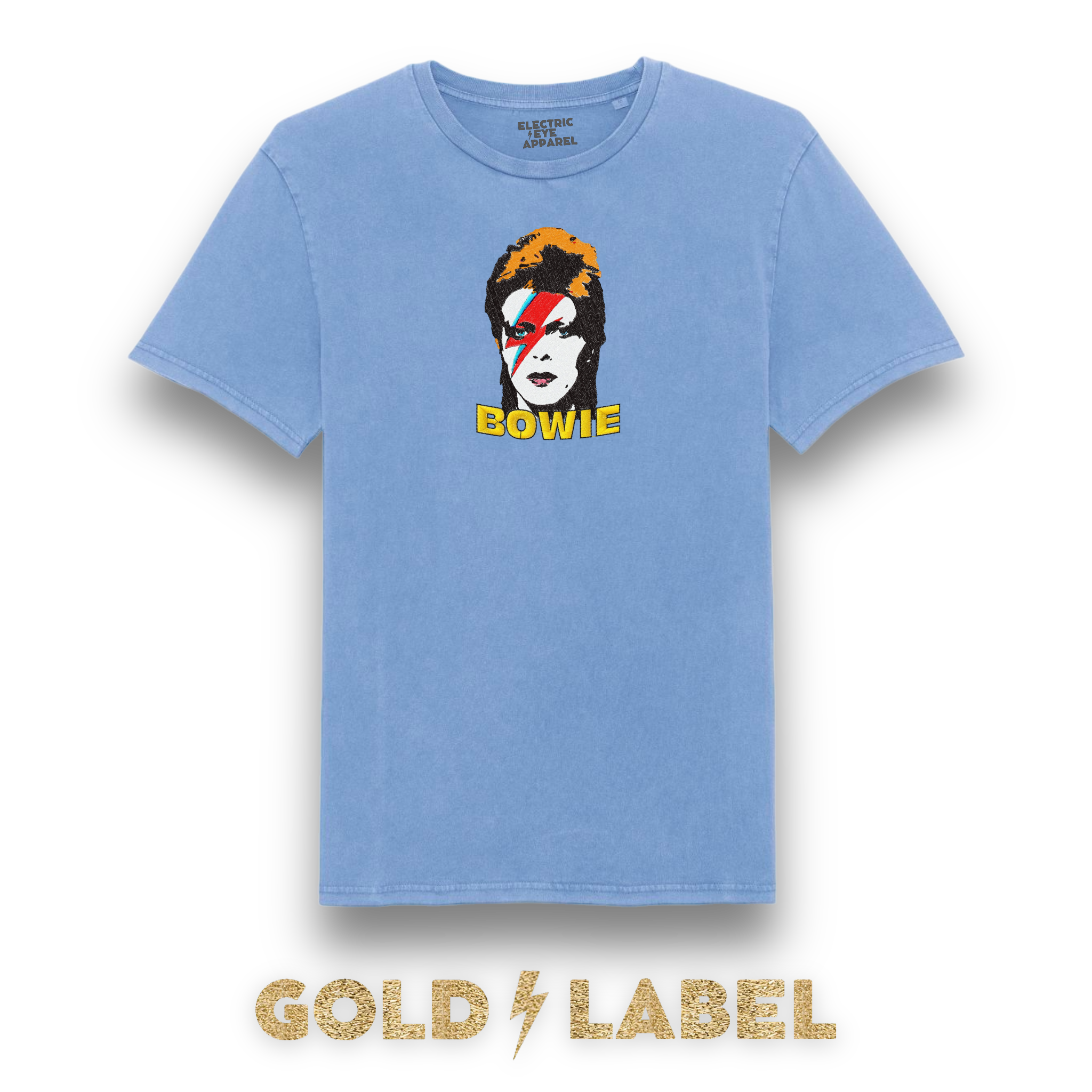 GOLD LABEL UNISEX RETRO BOWIE POP-ART EMBROIDERED ORGANIC AGED DYE 'CREATOR VINTAGE' T-SHIRT - OPTIONAL 'BOWIE' TEXT COLOUR