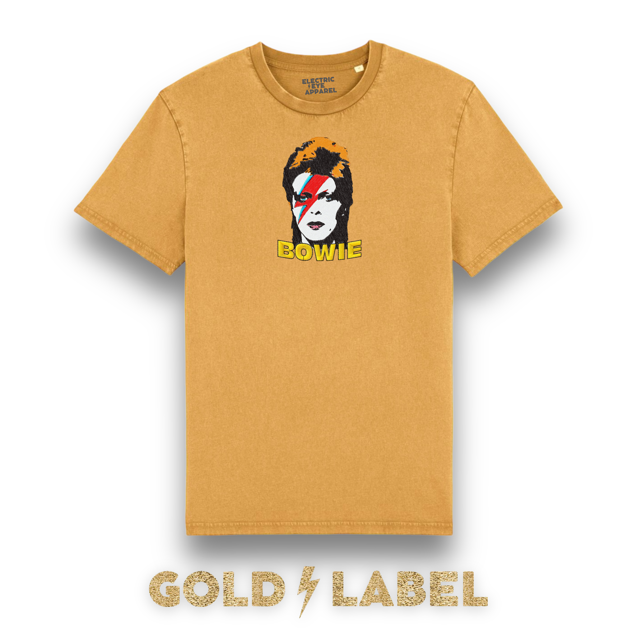 GOLD LABEL UNISEX RETRO BOWIE POP-ART EMBROIDERED ORGANIC AGED DYE 'CREATOR VINTAGE' T-SHIRT - OPTIONAL 'BOWIE' TEXT COLOUR