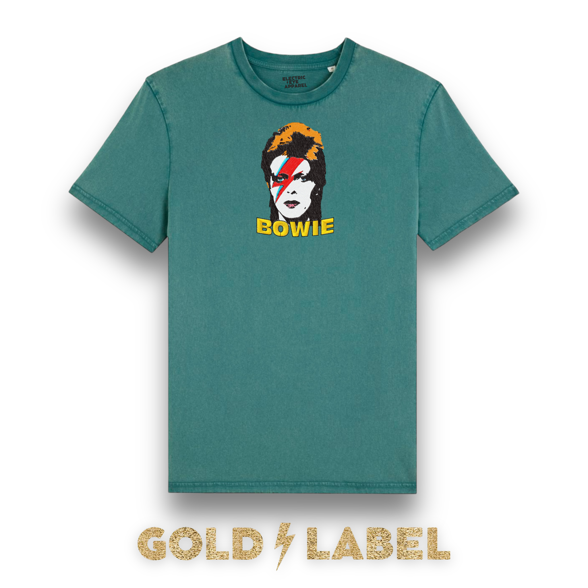 GOLD LABEL UNISEX RETRO BOWIE POP-ART EMBROIDERED ORGANIC AGED DYE 'CREATOR VINTAGE' T-SHIRT - OPTIONAL 'BOWIE' TEXT COLOUR