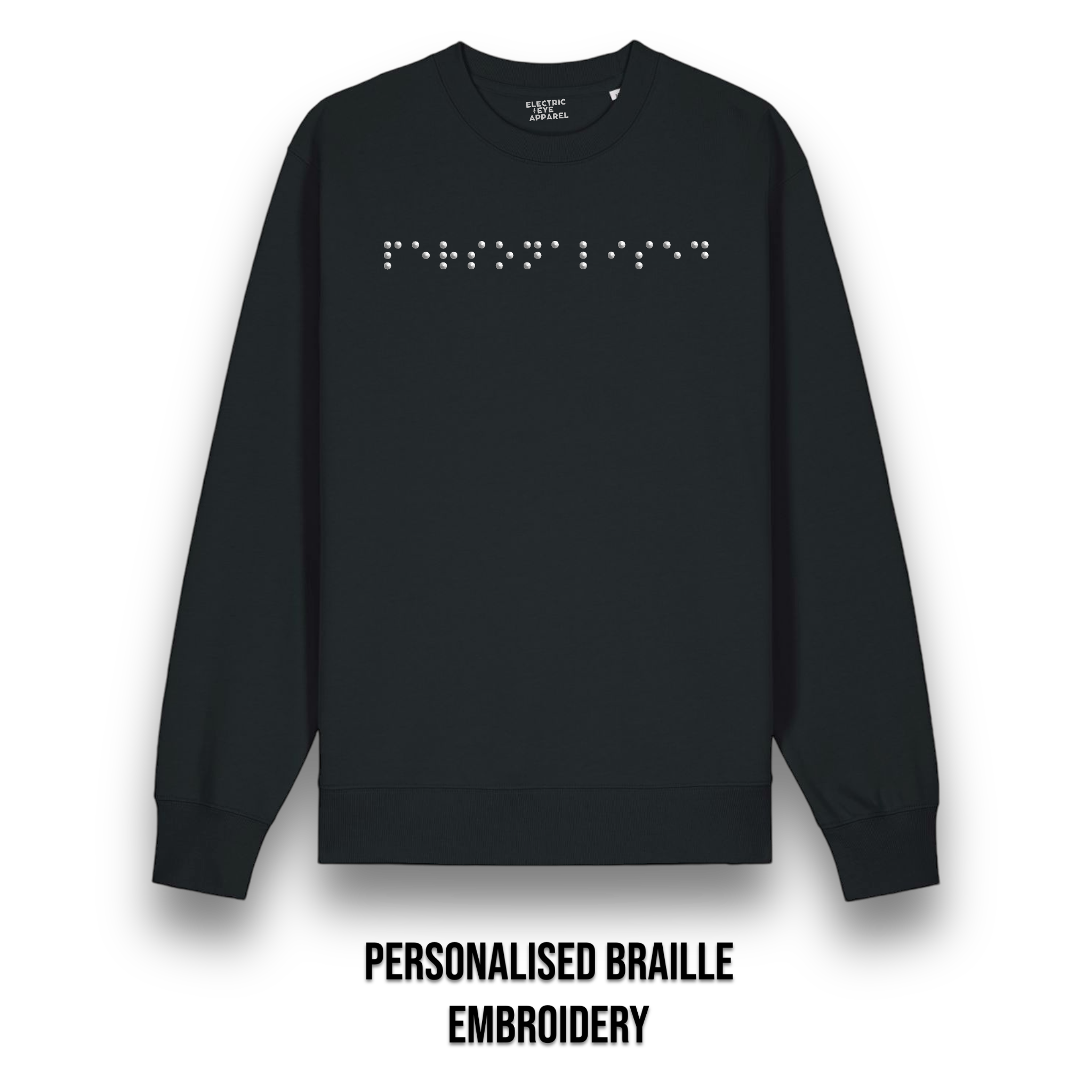 Personalised Braille Lyric Centre Chest Embroidered premium organic unisex classic crew neck 'Changer' sweatshirt - convert lyrics to braille, choose your own thread colour