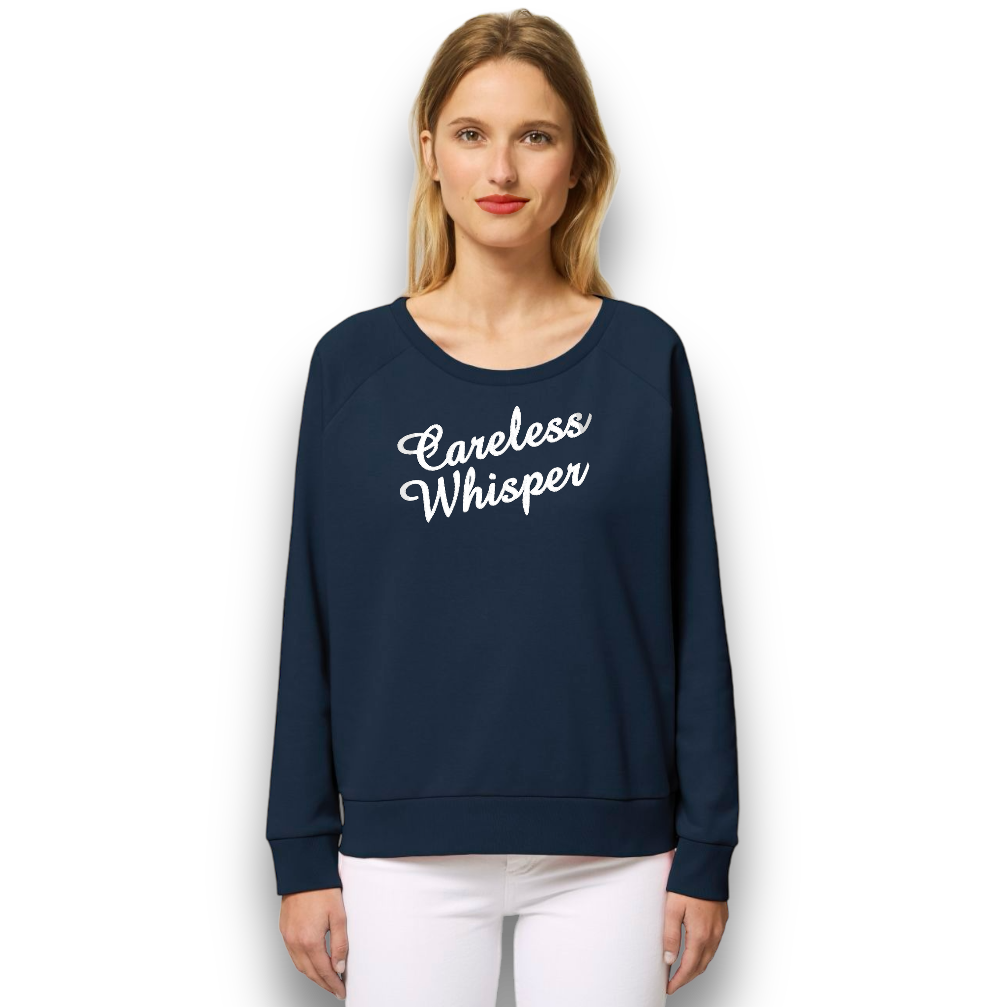 'CARELESS WHISPER' embroidered organic relaxed fit women's raglan 'dazzler' sweatshirt - inspired by George Michael