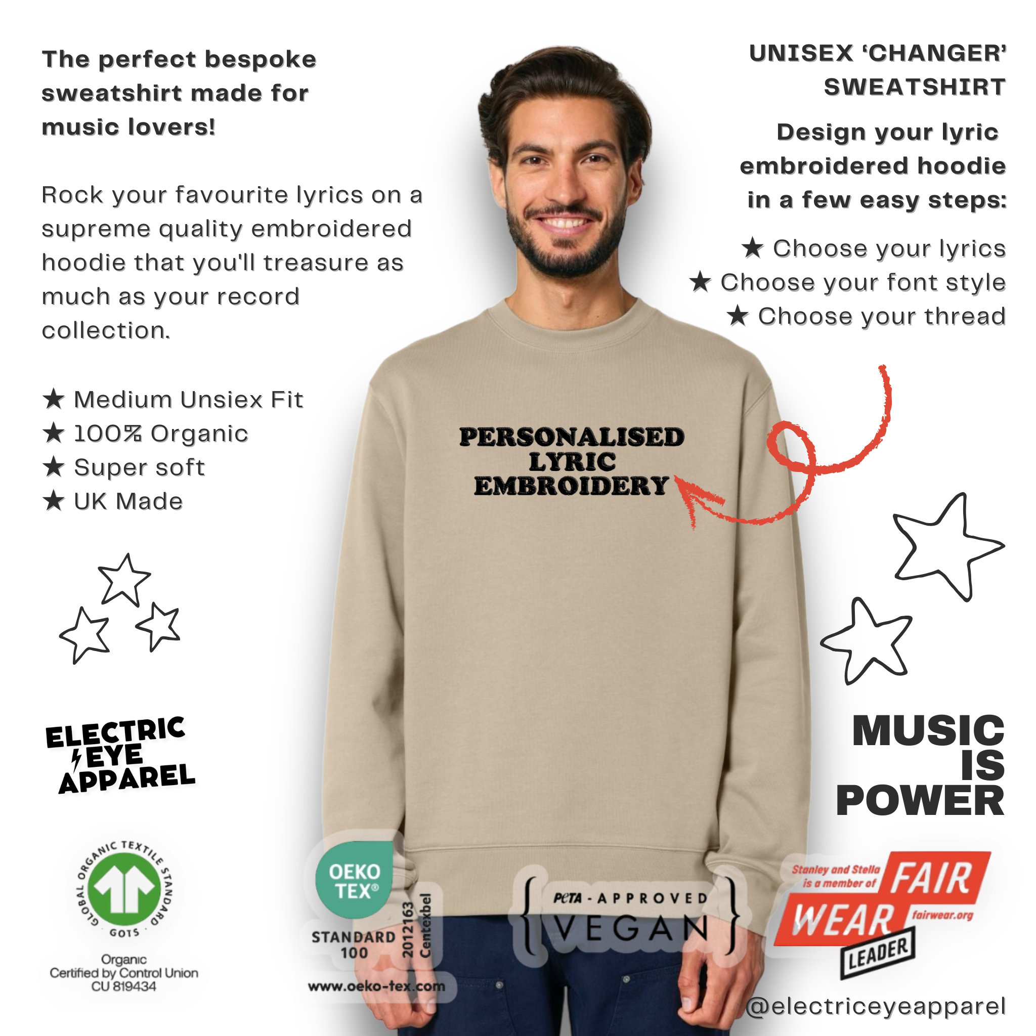 Personalised Lyric Centre Chest Embroidered premium organic unisex classic crew neck 'Changer' sweatshirt - choose your own lyrics, font and thread colour