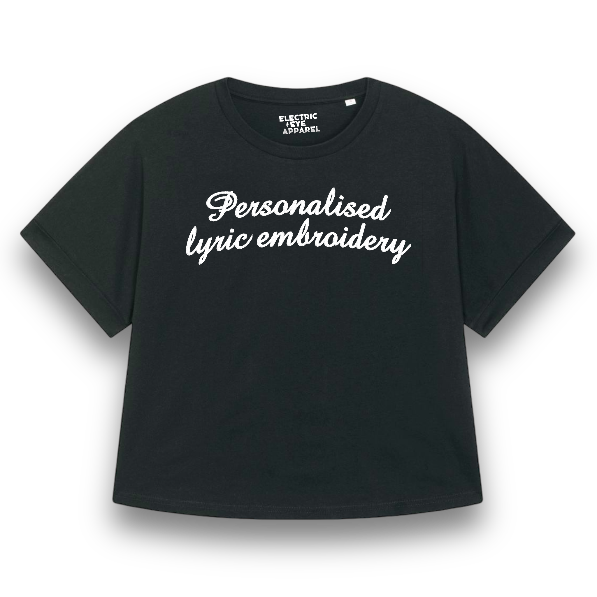 Personalised Lyric Centre Chest Embroidered premium organic iconic women's 90s style dolman sleeve 'Collider' t-shirt - choose your own lyrics, font and thread colour