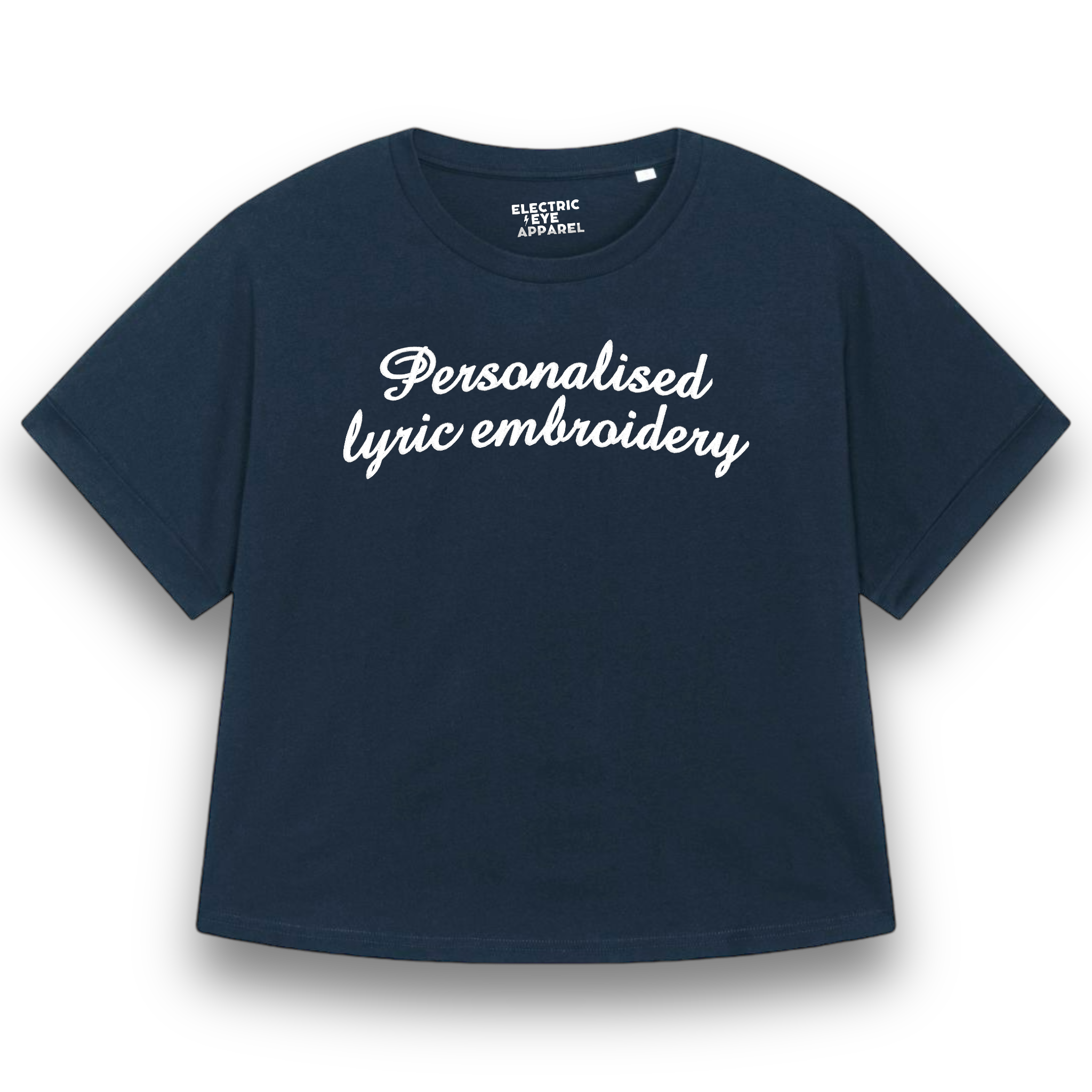Personalised Lyric Centre Chest Embroidered premium organic iconic women's 90s style dolman sleeve 'Collider' t-shirt - choose your own lyrics, font and thread colour