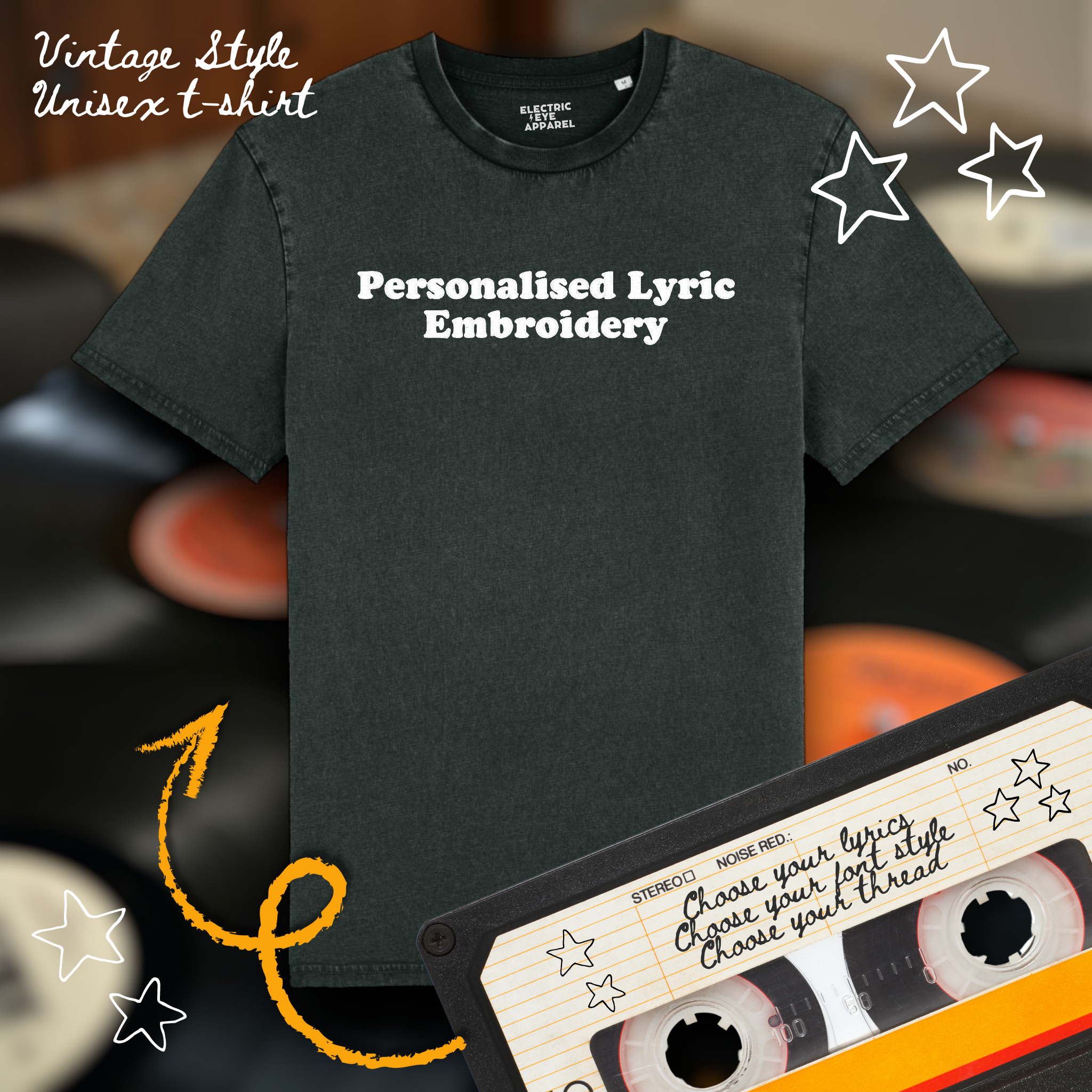 Personalised Lyric Centre Chest Embroidered premium organic unisex garment dyed 'Creator Vintage' t-shirt - choose your own lyrics, font and thread colour
