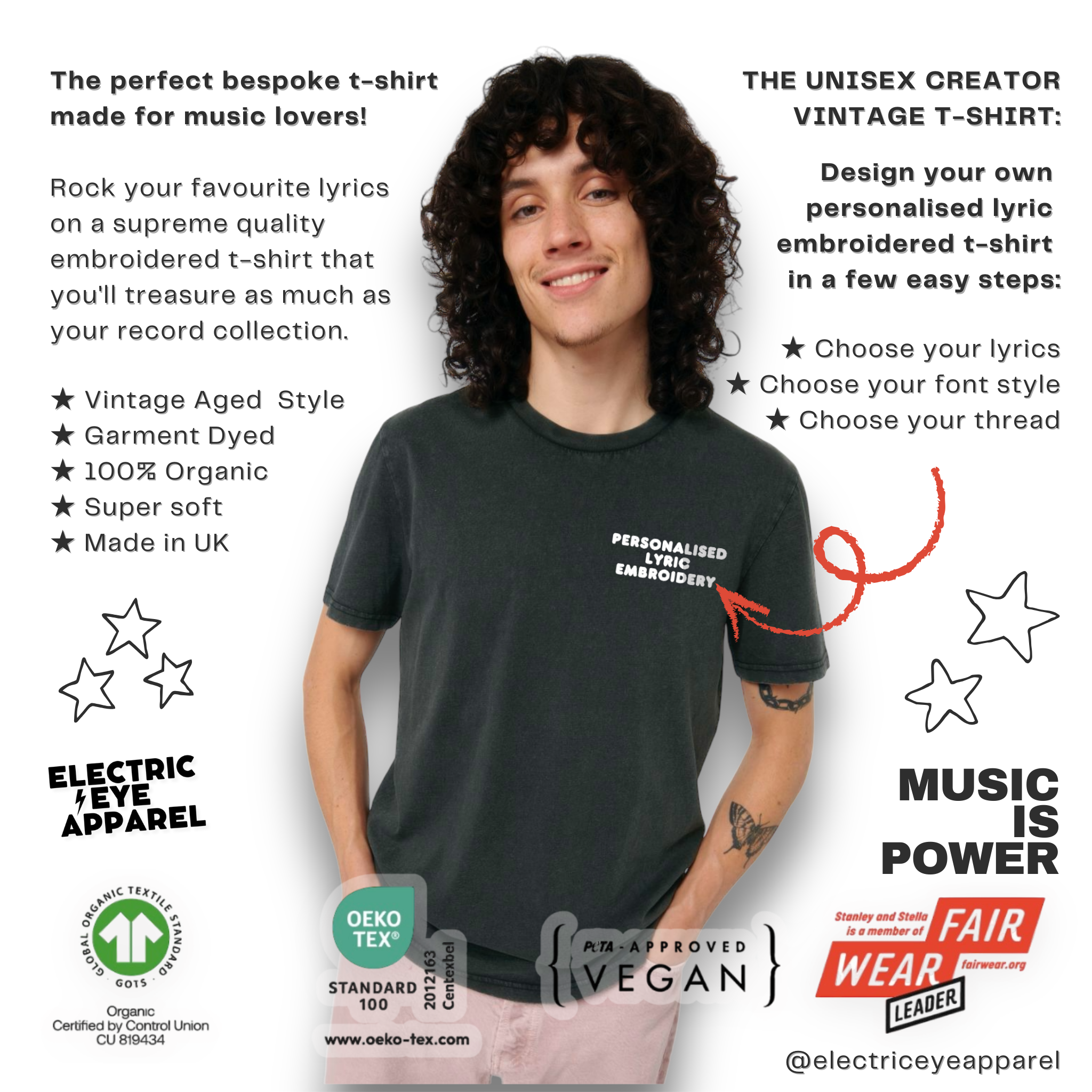Personalised Lyric Left Chest Embroidered premium organic unisex garment dyed 'Creator Vintage' t-shirt - choose your own lyrics, font and thread colour