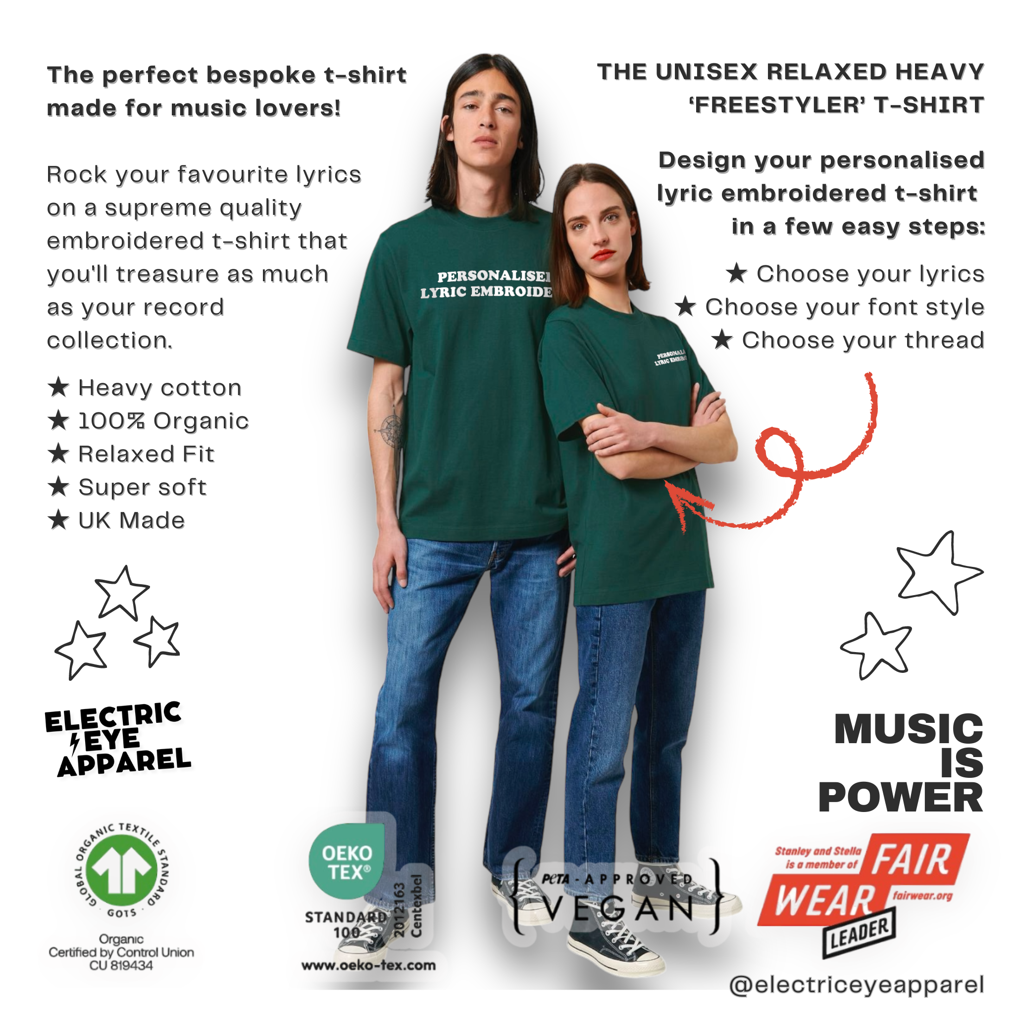 Personalised Lyric Centre Chest Embroidered premium organic iconic unisex relaxed heavy 'Freestyler' t-shirt - choose your own lyrics, font and thread colour