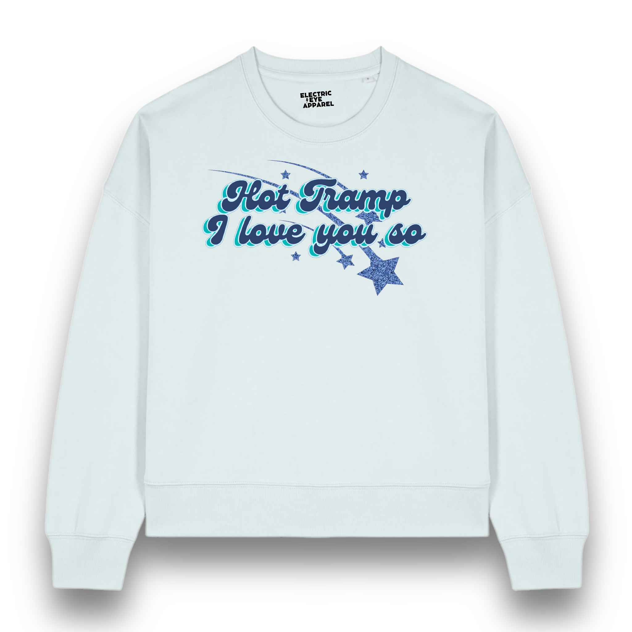 Limited Edition 'HOT TRAMP I LOVE YOU SO' 1970s glitter star embroidered organic women's dropped shoulder 'alma' sweatshirt - inspired by David Bowie