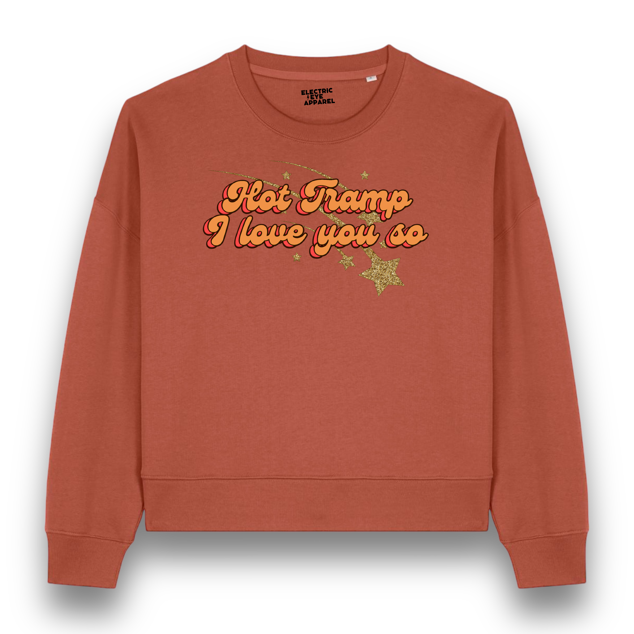 Limited Edition 'HOT TRAMP I LOVE YOU SO' 1970s glitter star embroidered organic women's dropped shoulder 'alma' sweatshirt - inspired by David Bowie