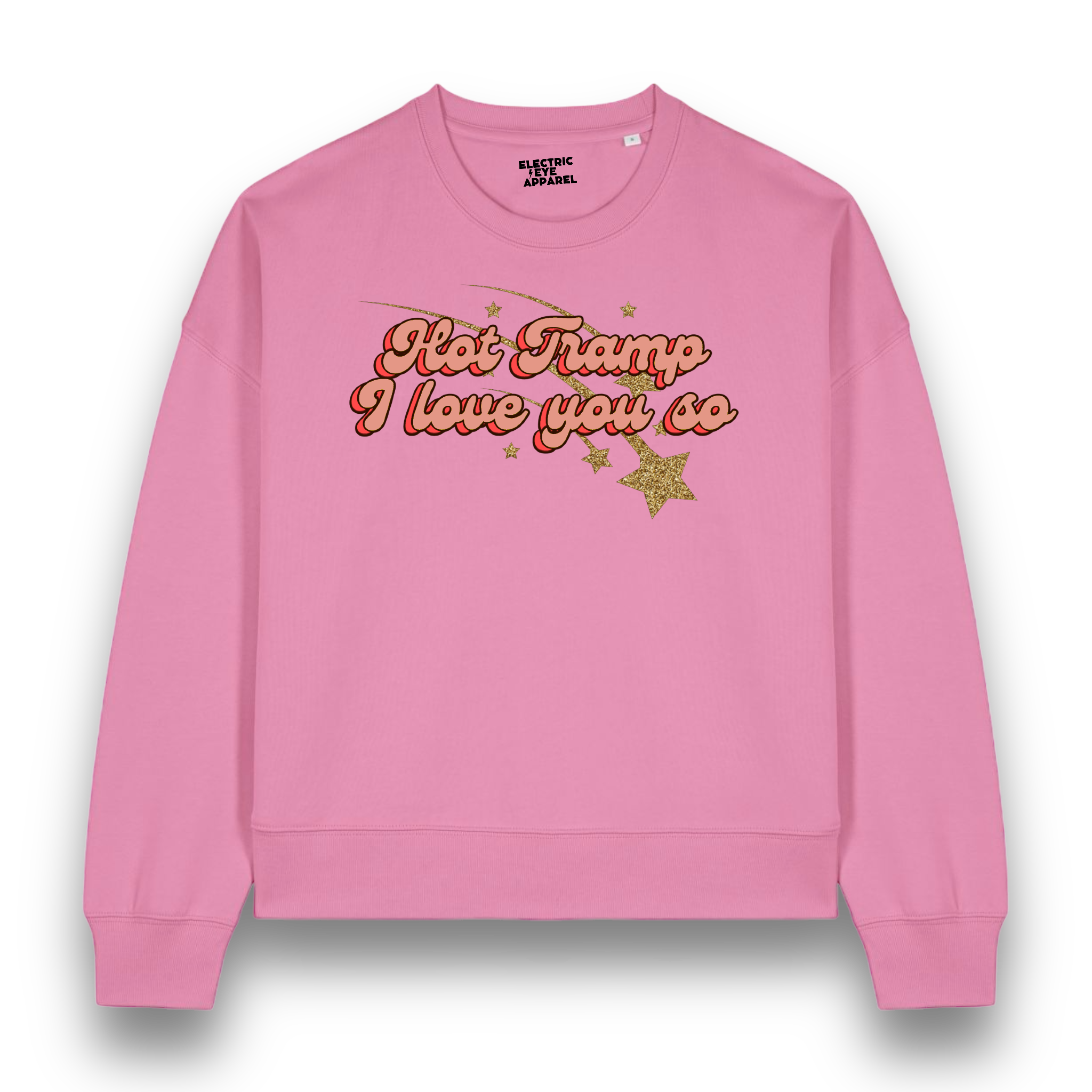 Limited Edition 'HOT TRAMP I LOVE YOU SO' 1970s glitter star embroidered organic women's dropped shoulder 'alma' sweatshirt - inspired by David Bowie
