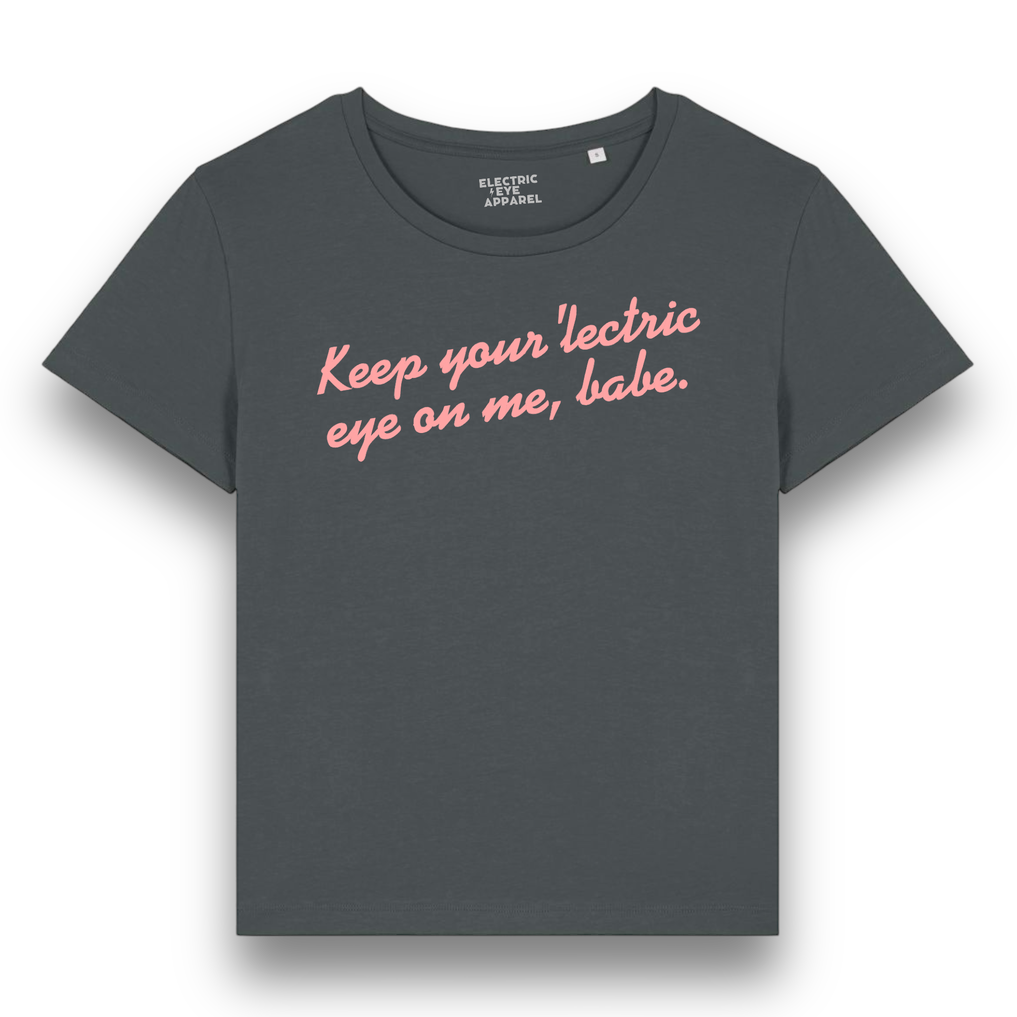 'KEEP YOUR 'LECTRIC EYE ON ME, BABE' embroidered premium organic iconic mid-light women's 'serena' t-shirt - inspired by David Bowie