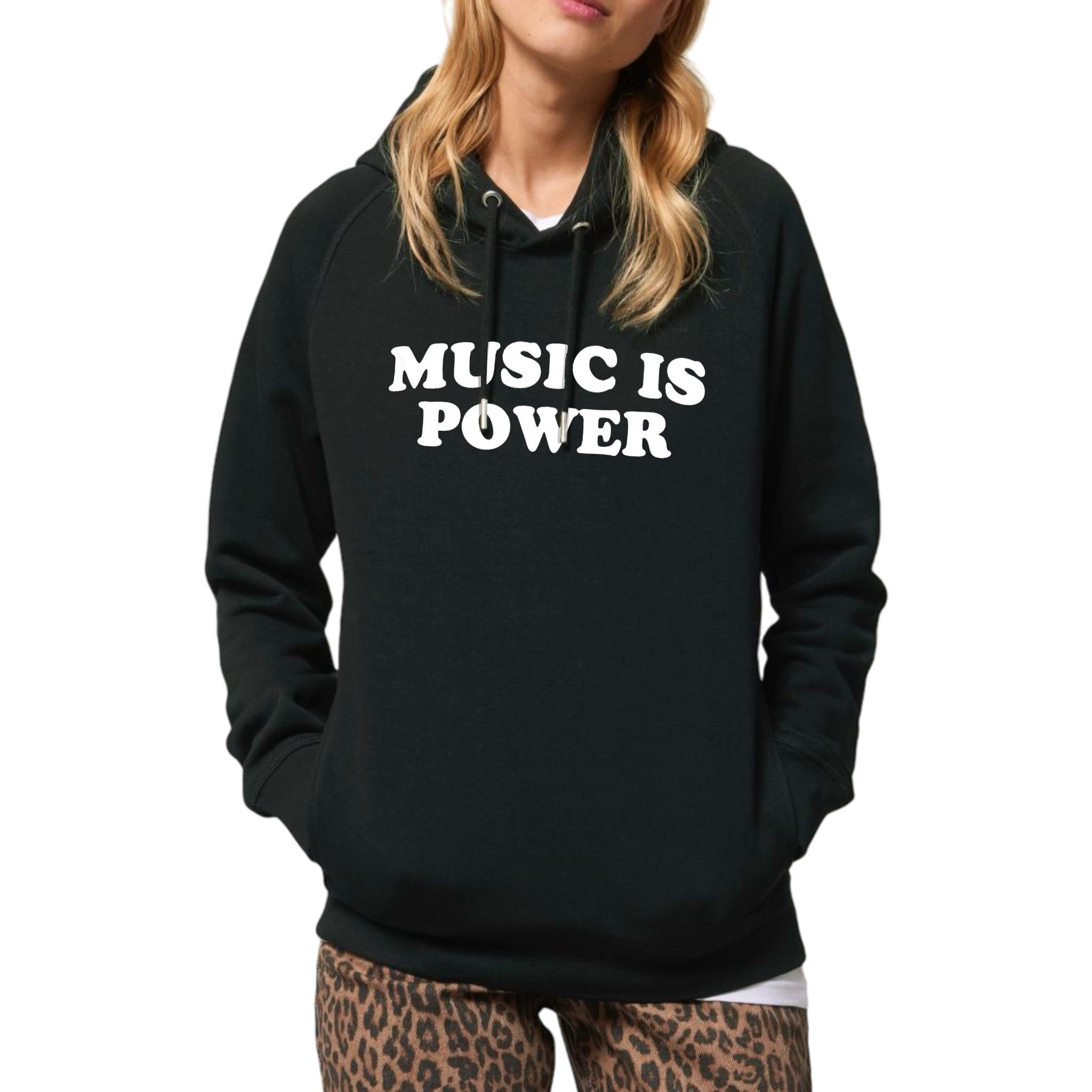 'MUSIC IS POWER' embroidered organic unisex side pocket 'sider' hoodie