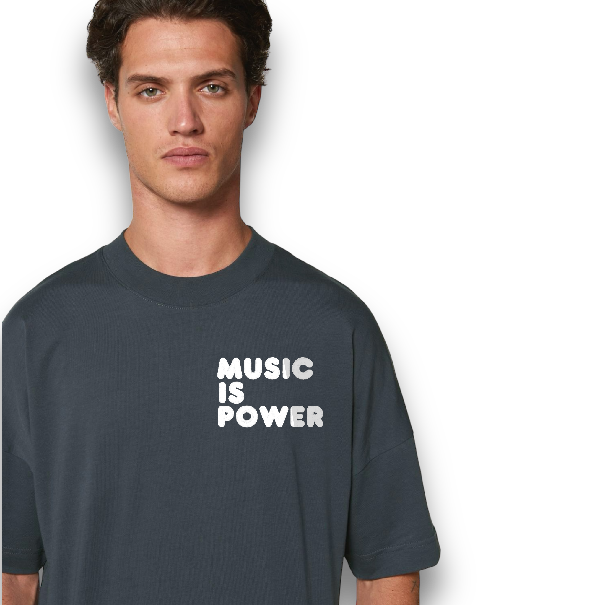 'MUSIC IS POWER' embroidered heavy weight organic cotton men's drop shoulder 'blaster' t-shirt - inspired by Richard Ashcroft
