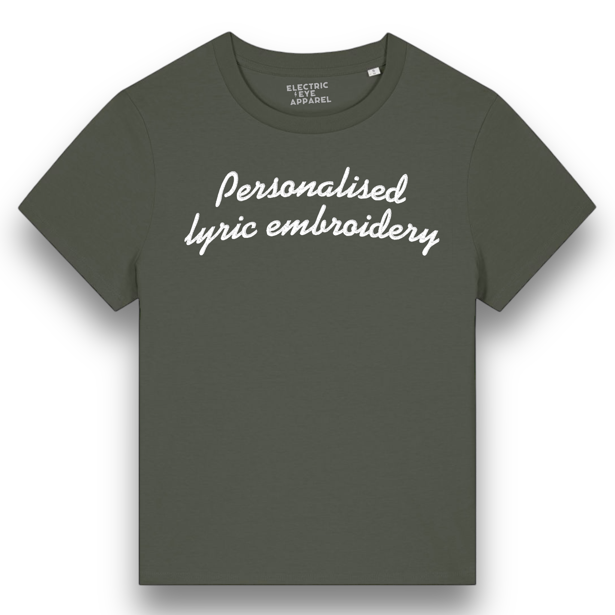 Personalised Lyric Centre Chest Embroidered premium organic iconic women's 'Muser' t-shirt - choose your own lyrics, font and thread colour
