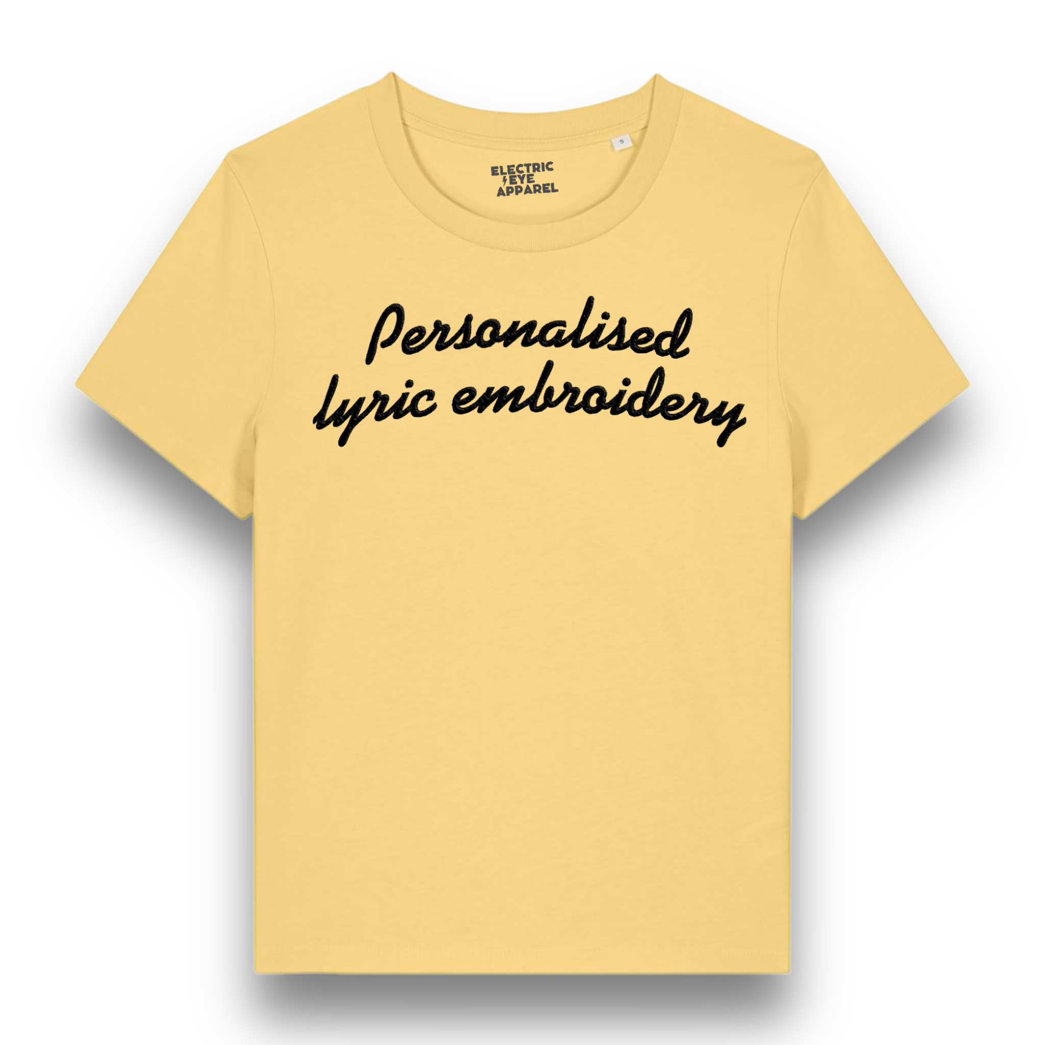 Personalised Lyric Centre Chest Embroidered premium organic iconic women's 'Muser' t-shirt - choose your own lyrics, font and thread colour