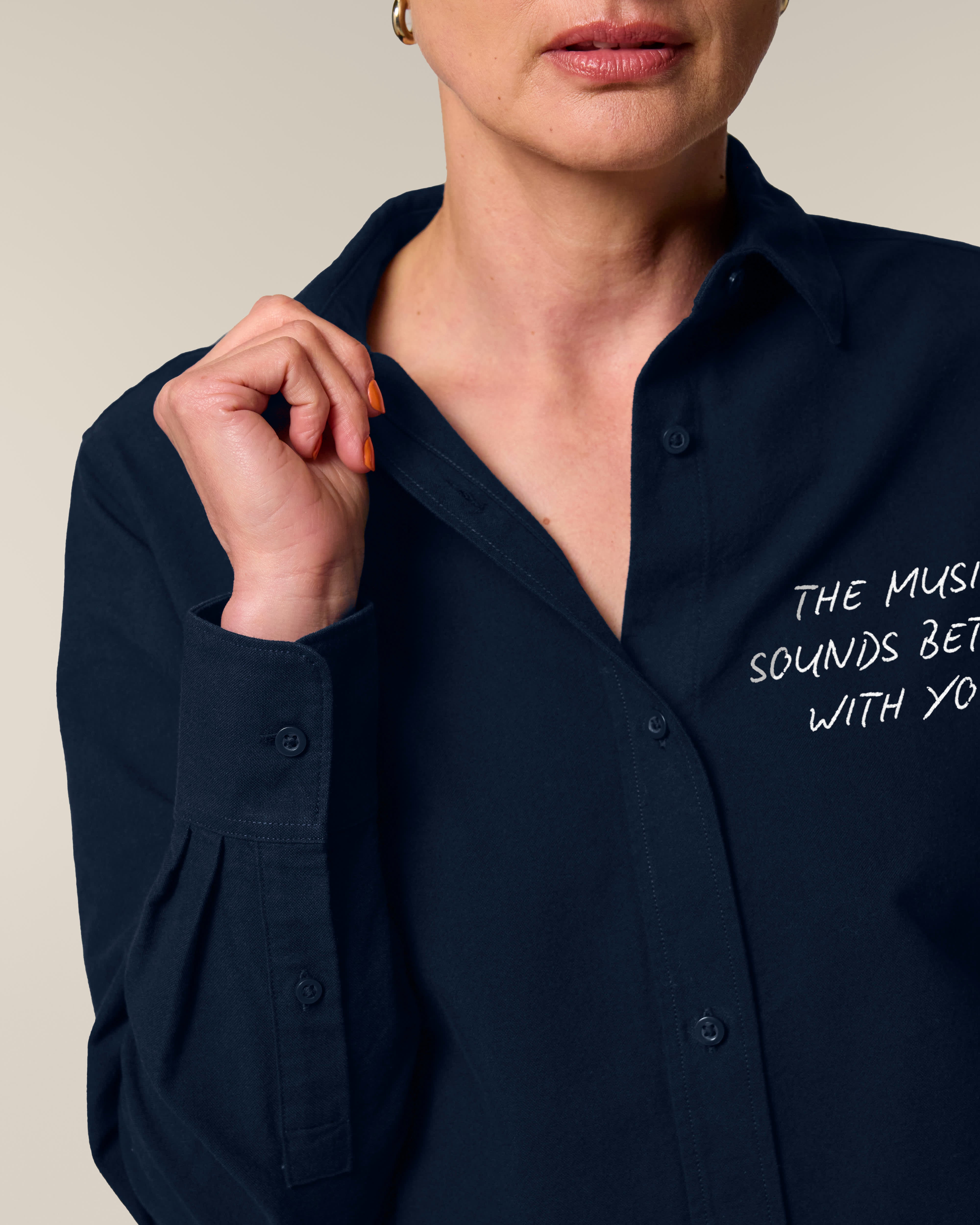 'THE MUSIC SOUNDS BETTER WITH YOU' embroidered women's classic fit organic cotton 'Oxford' shirt