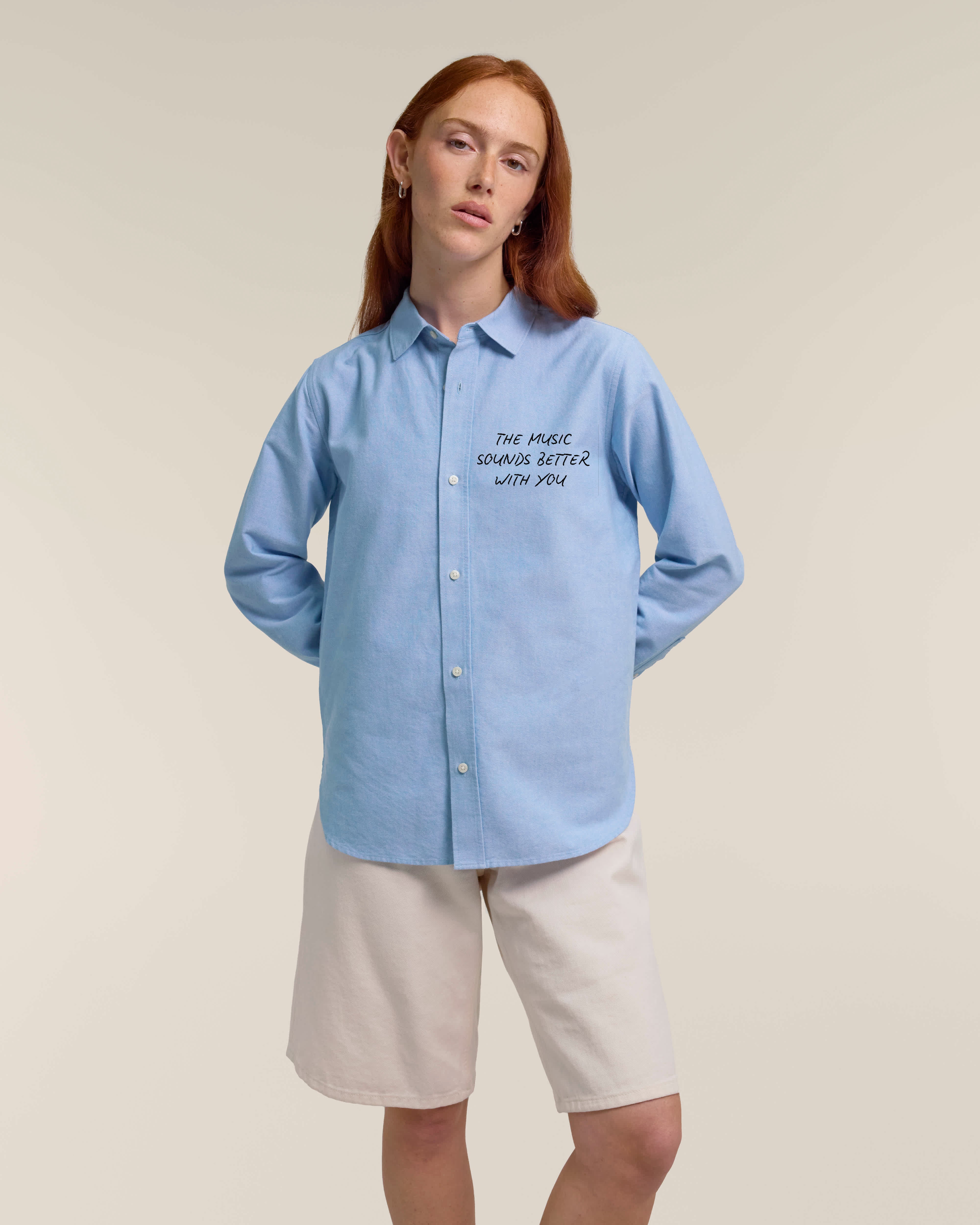 'THE MUSIC SOUNDS BETTER WITH YOU' embroidered women's classic fit organic cotton 'Oxford' shirt