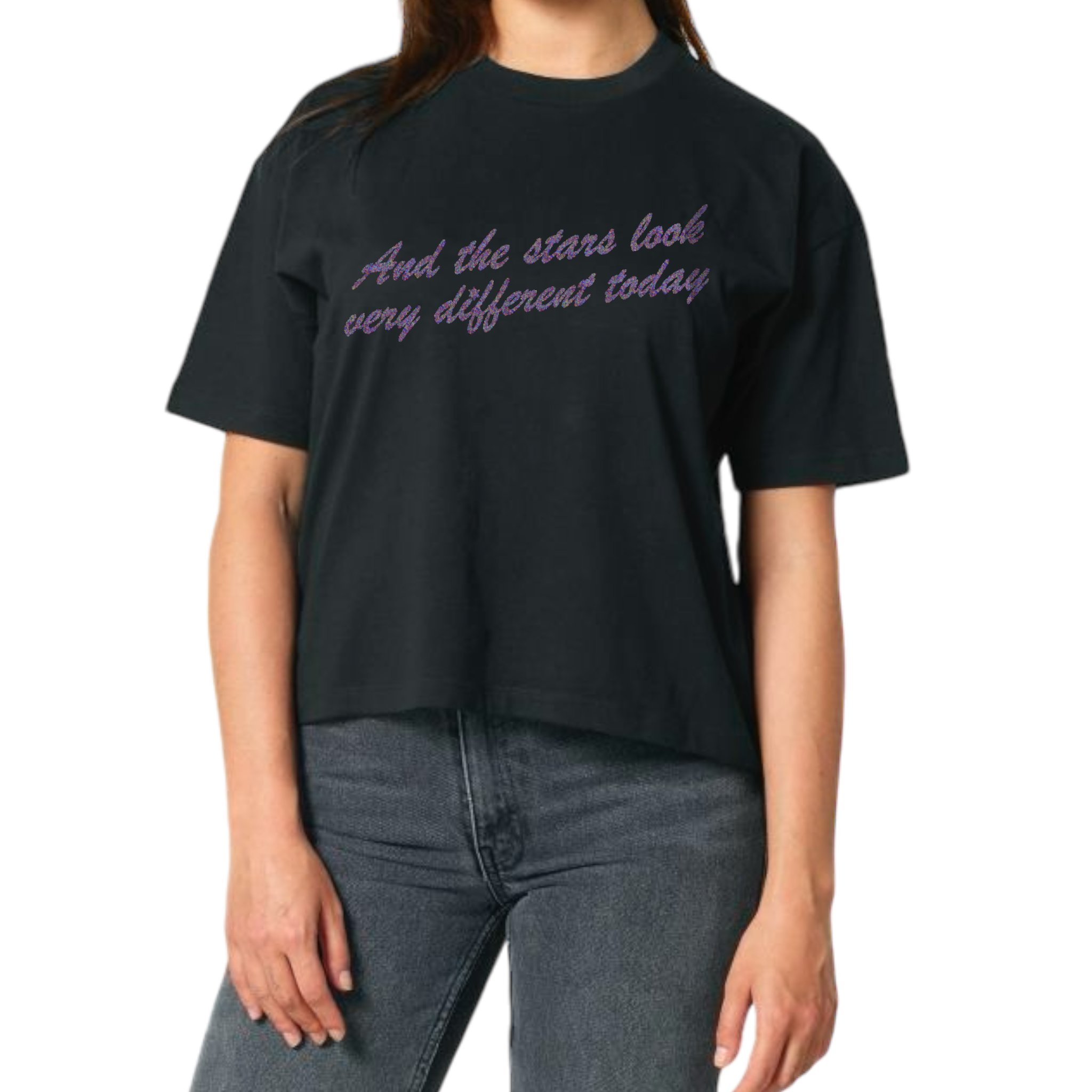 'AND THE STARS LOOK VERY DIFFERENT TODAY' glitter embroidered premium organic women's boxy 'nova' t-shirt - inspired by David Bowie