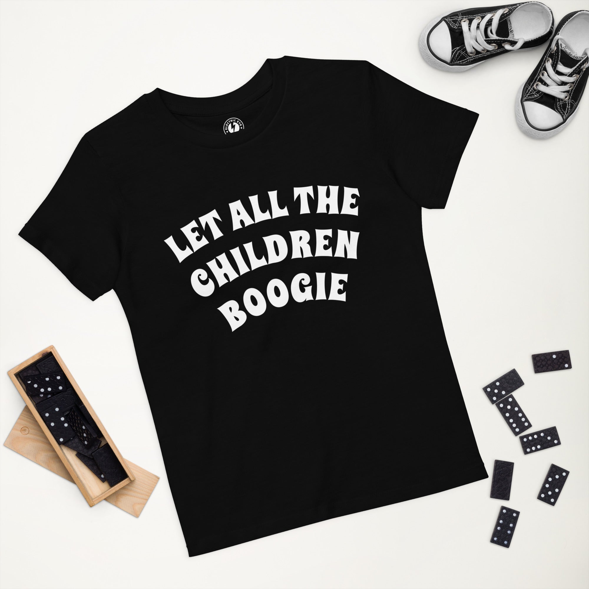 LET ALL THE CHILDREN BOOGIE Printed Organic cotton kids t-shirt - white text
