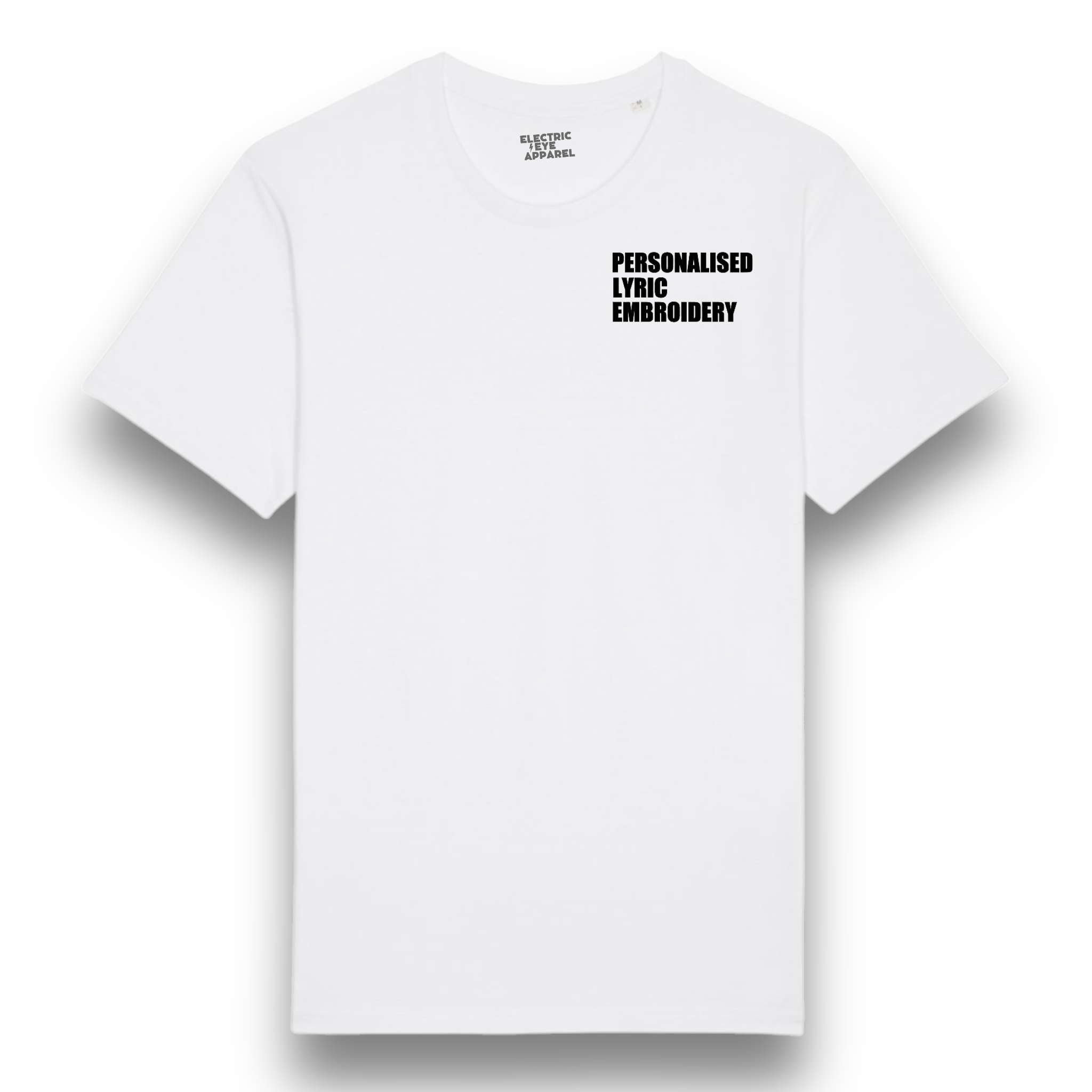 Personalised Lyric Left Chest Embroidered premium organic iconic men's 'Rocker' t-shirt - choose your own lyrics, font and thread colour