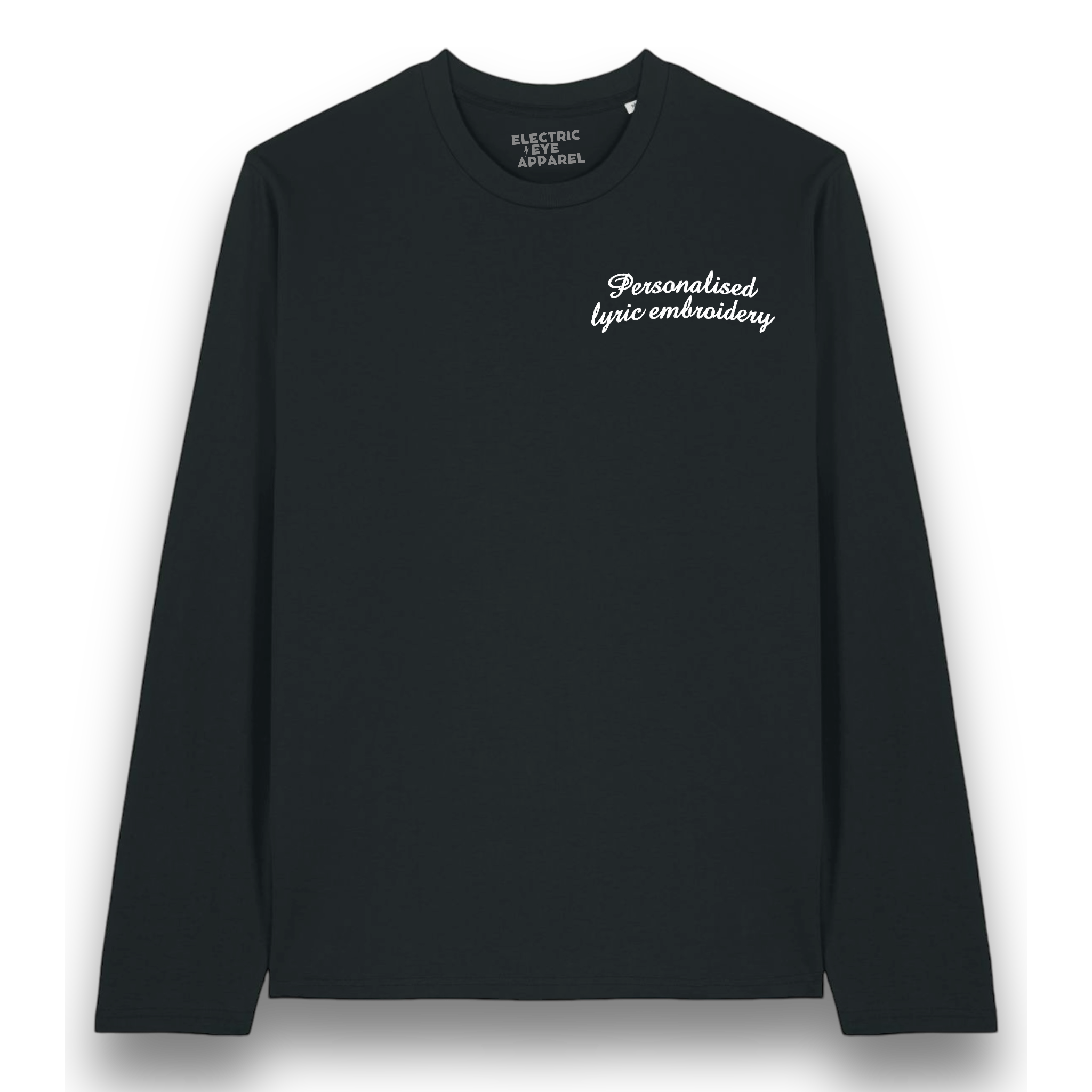Personalised Lyric Left Chest Embroidered premium organic iconic unisex 'Long Sleeve Creator 2.0' t-shirt - choose your own lyrics, font and thread colour