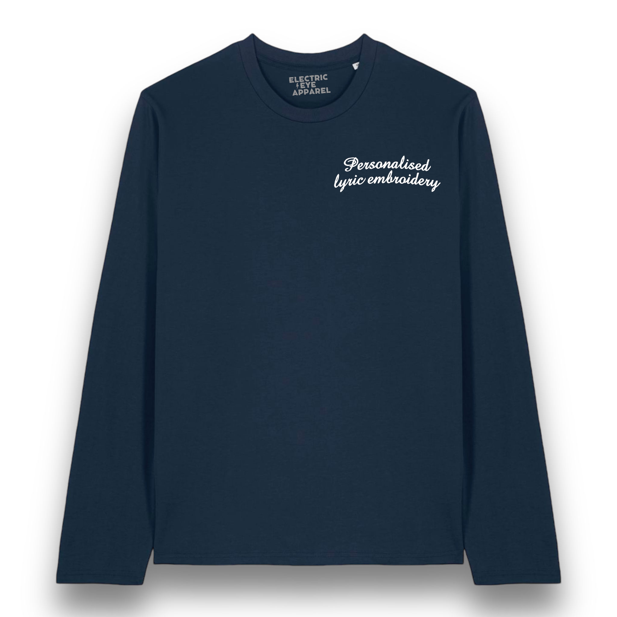 Personalised Lyric Left Chest Embroidered premium organic iconic unisex 'Long Sleeve Creator 2.0' t-shirt - choose your own lyrics, font and thread colour