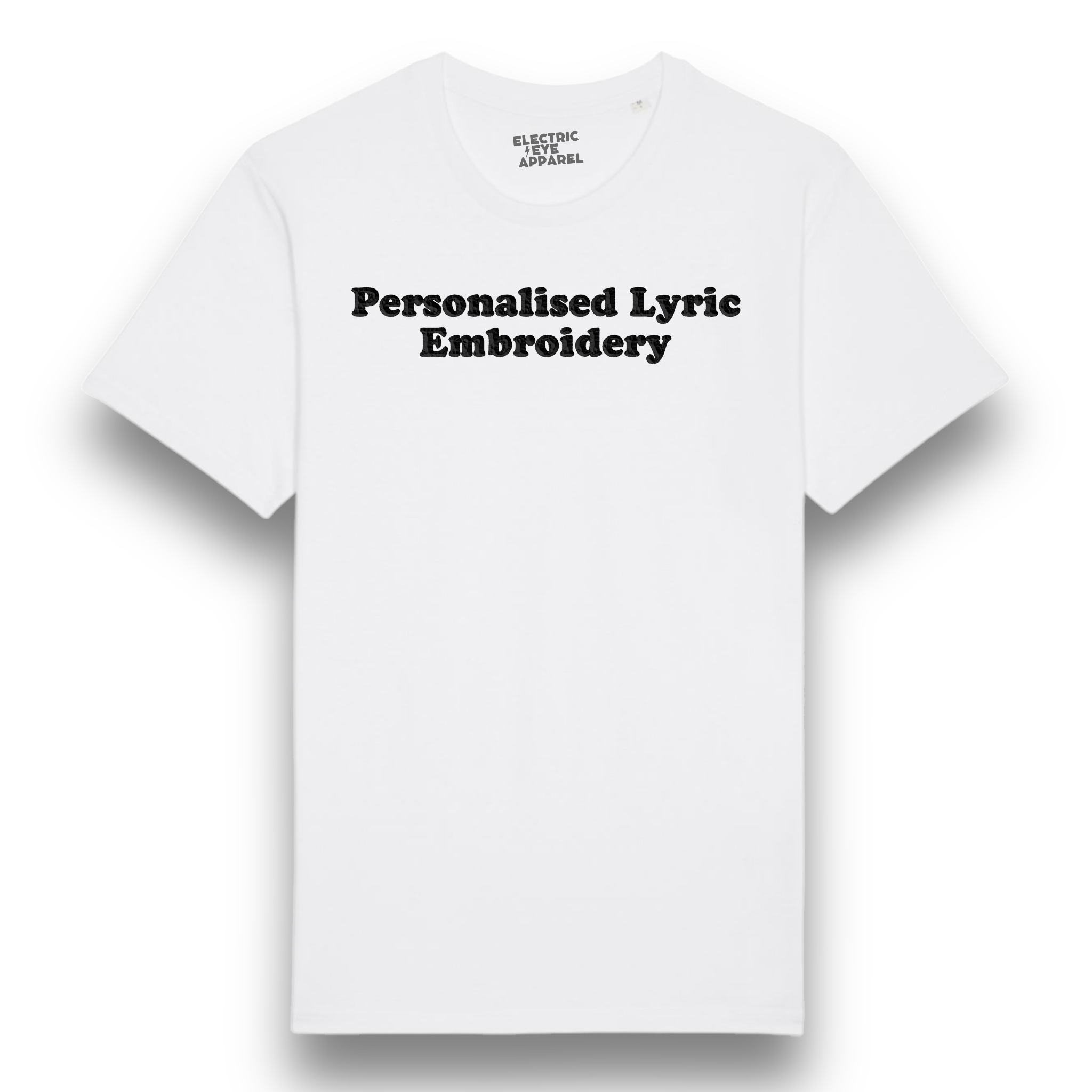 Personalised Lyric Centre Chest Embroidered premium organic iconic men's 'Rocker' t-shirt - choose your own lyrics, font and thread colour