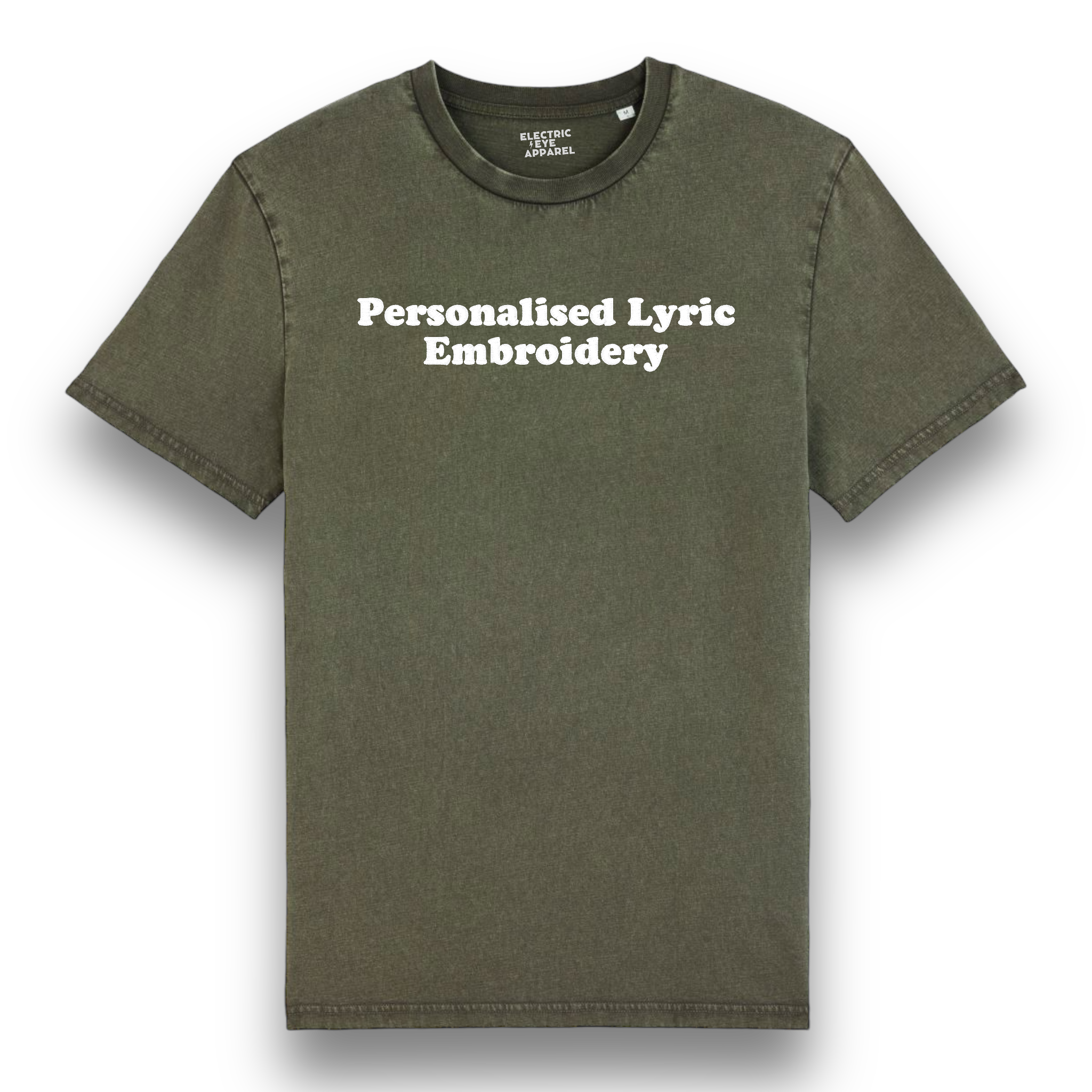 Personalised Lyric Centre Chest Embroidered premium organic unisex garment dyed 'Creator Vintage' t-shirt - choose your own lyrics, font and thread colour