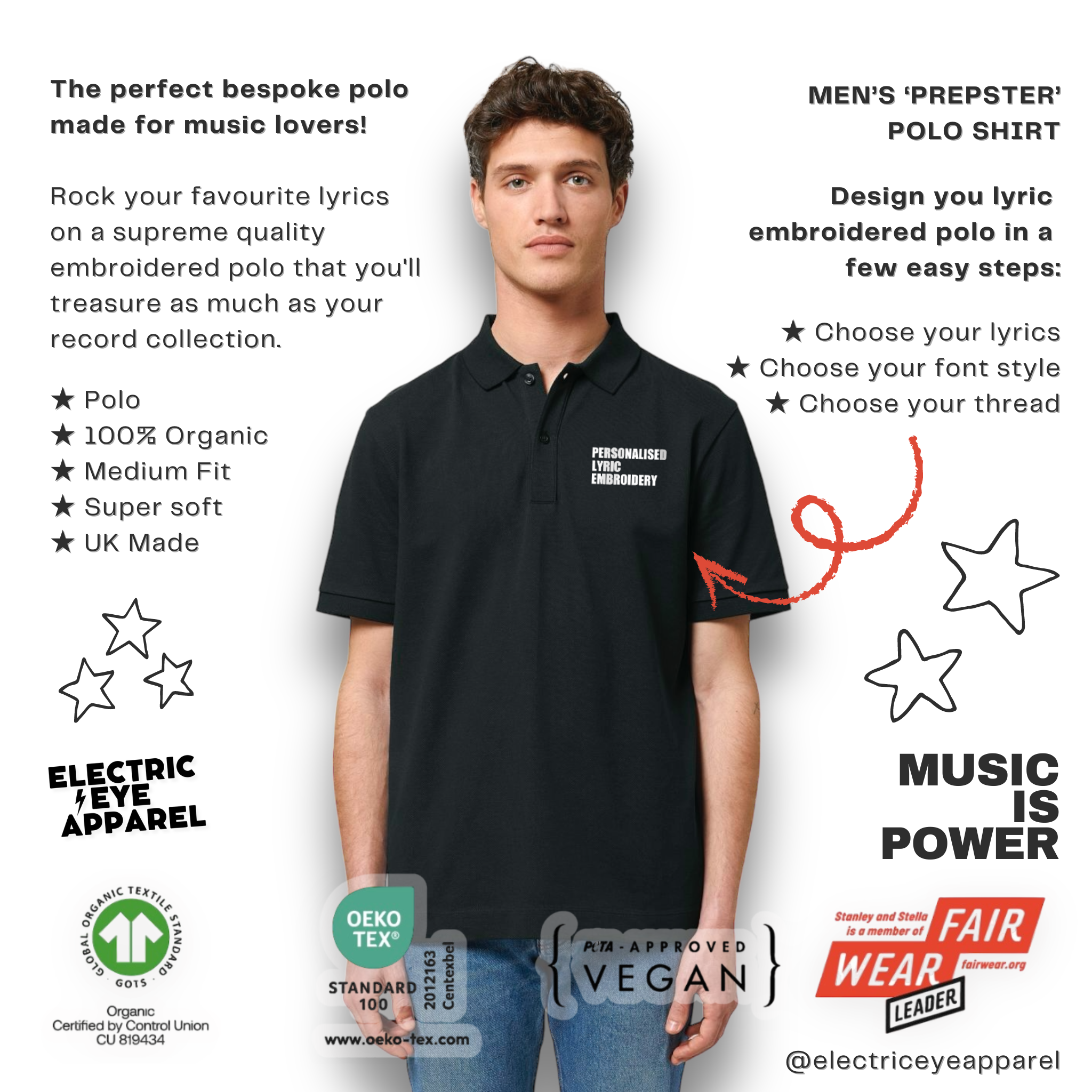 Personalised Lyric Left Chest Embroidered premium organic iconic men's classic 'Carnaby' polo t-shirt - choose your own lyrics, font and thread colour