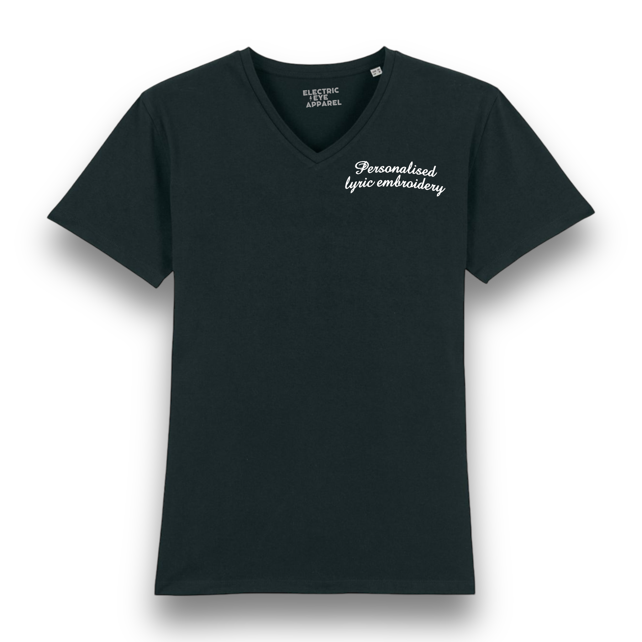 Personalised Lyric Left Chest Embroidered premium organic iconic men's v-neck 90s 'Presenter' t-shirt - choose your own lyrics, font and thread colour