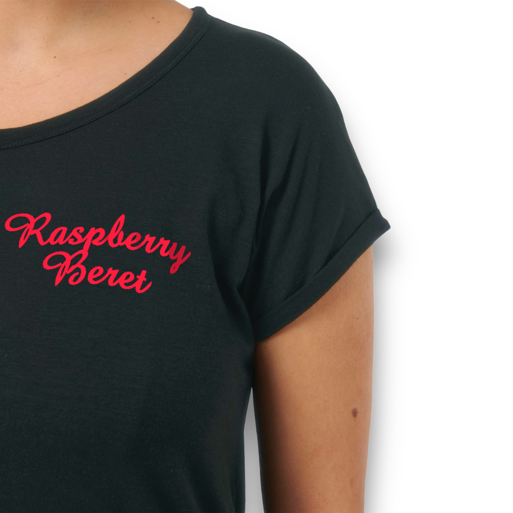 'RASPBERRY BERET' left chest embroidered premium organic 'rounders' slub rolled sleeve t-shirt - inspired by Prince