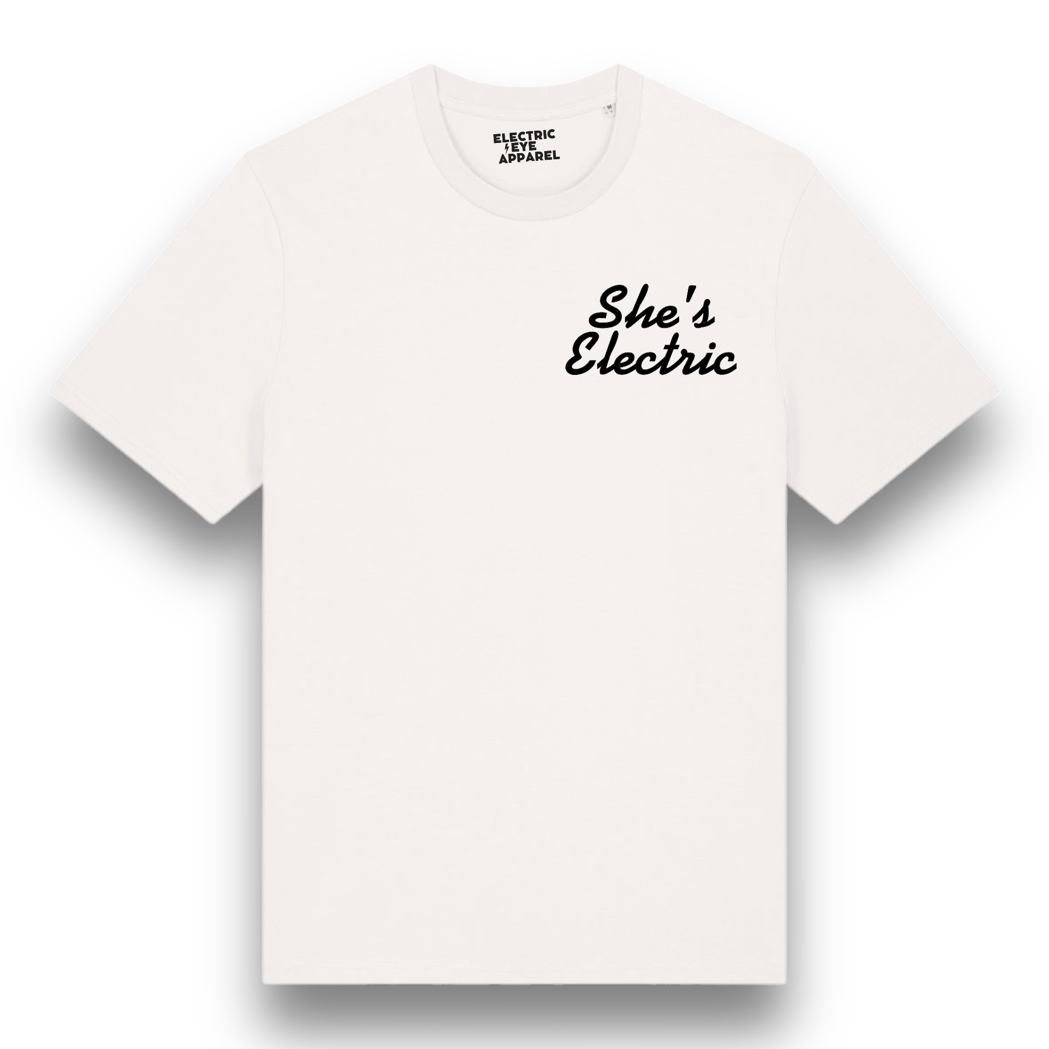 'SHE'S ELECTRIC' left chest embroidered premium organic unisex medium fit 'creator' t-shirt - inspired by Oasis