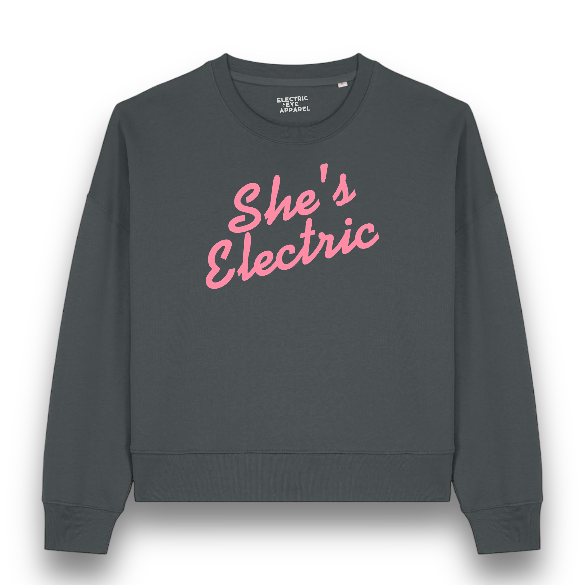 'SHE'S ELECTRIC' embroidered organic women's 90s dropped shoulder 'alma' sweatshirt - inspired by Oasis