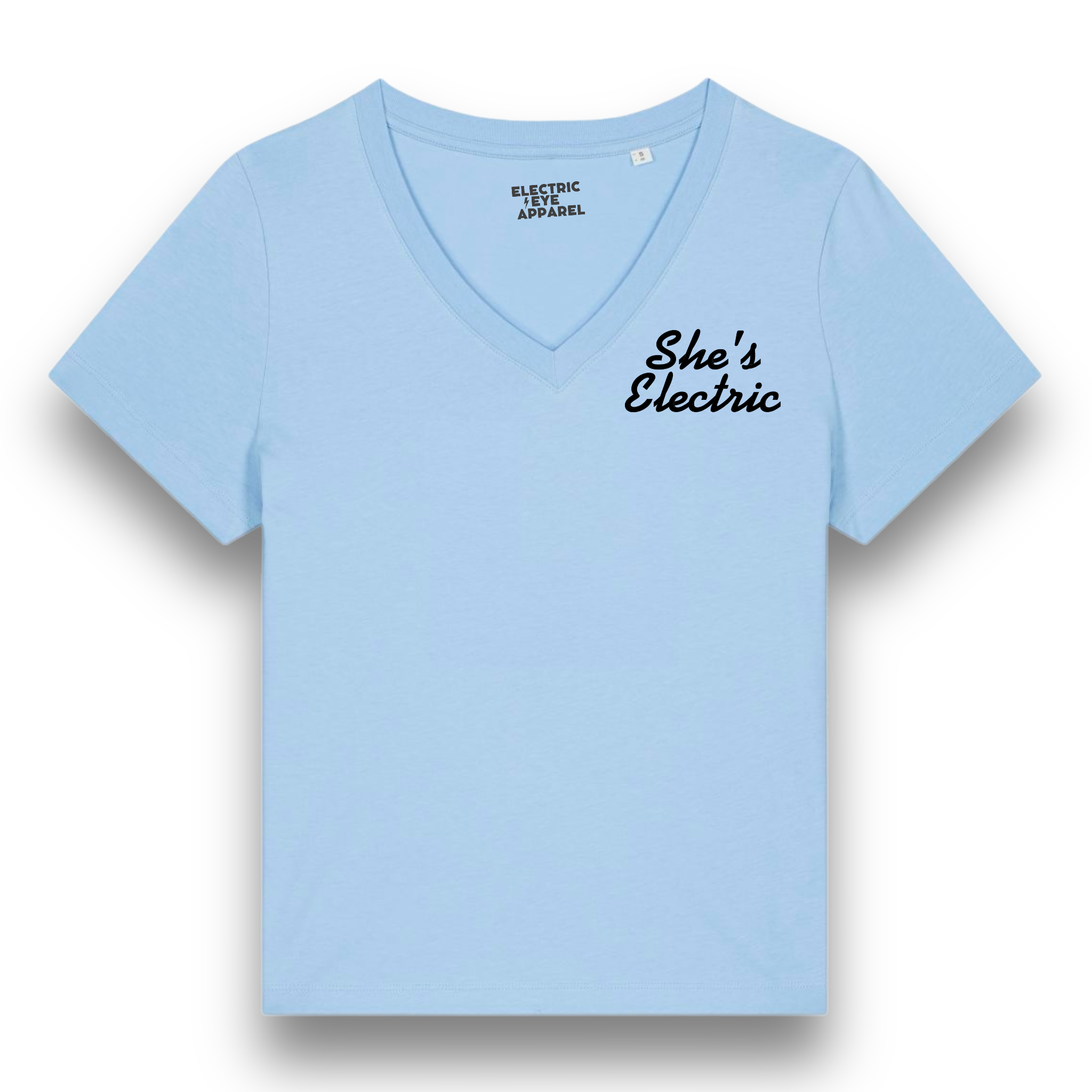 'SHE'S ELECTRIC' left chest embroidered premium organic women's v-neck 'Isla' t-shirt - inspired by Oasis