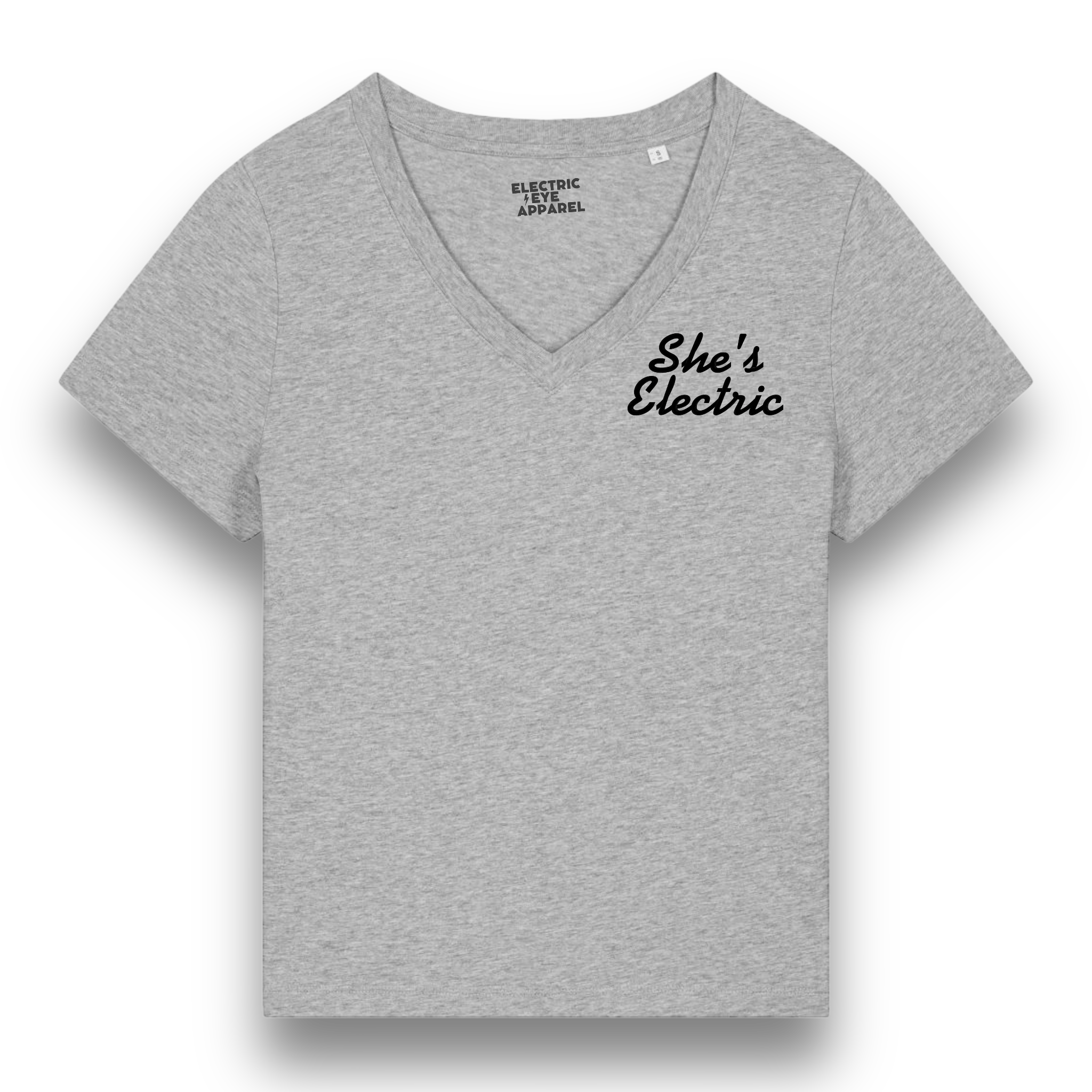 'SHE'S ELECTRIC' left chest embroidered premium organic women's v-neck 'Isla' t-shirt - inspired by Oasis