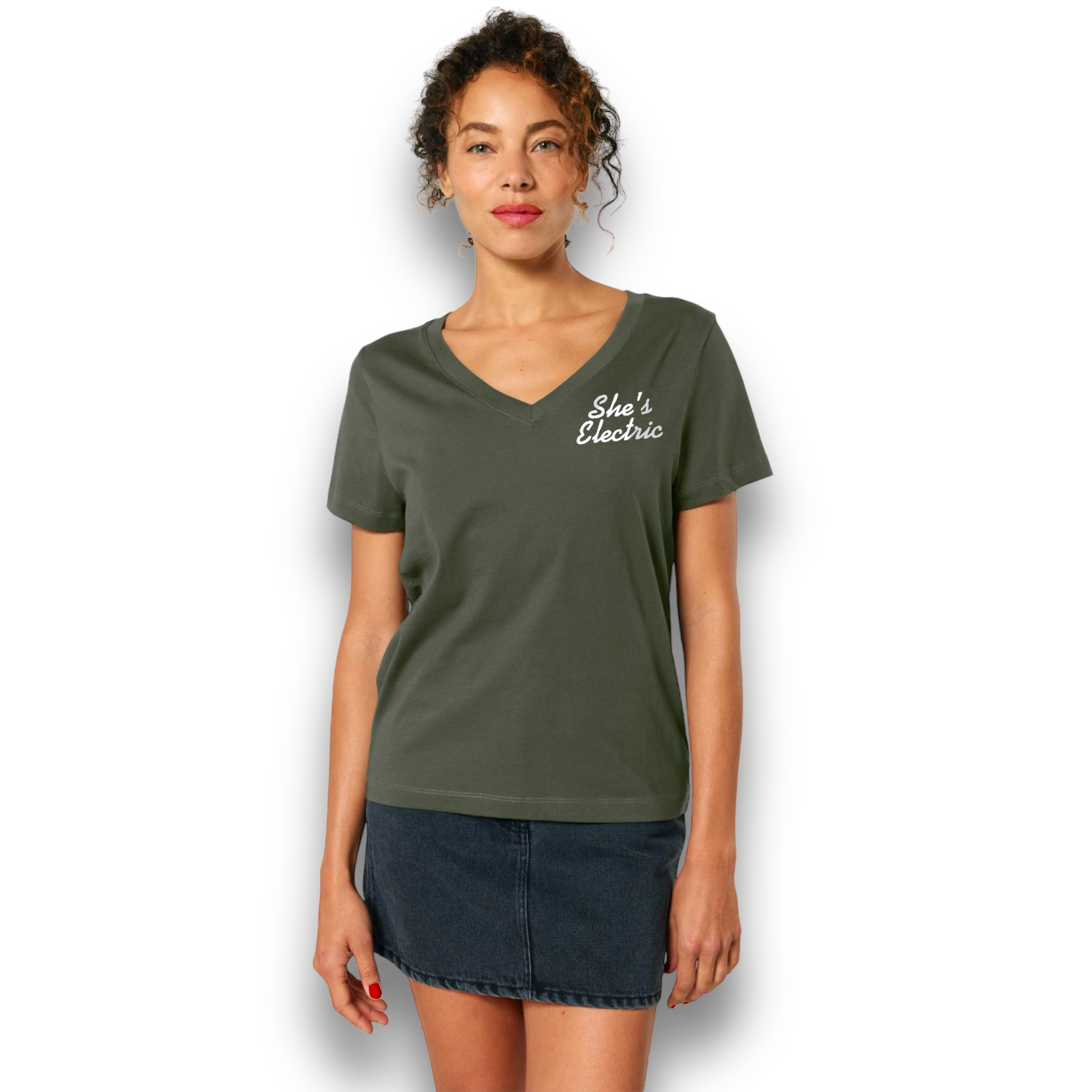'SHE'S ELECTRIC' left chest embroidered premium organic women's v-neck 'Isla' t-shirt - inspired by Oasis