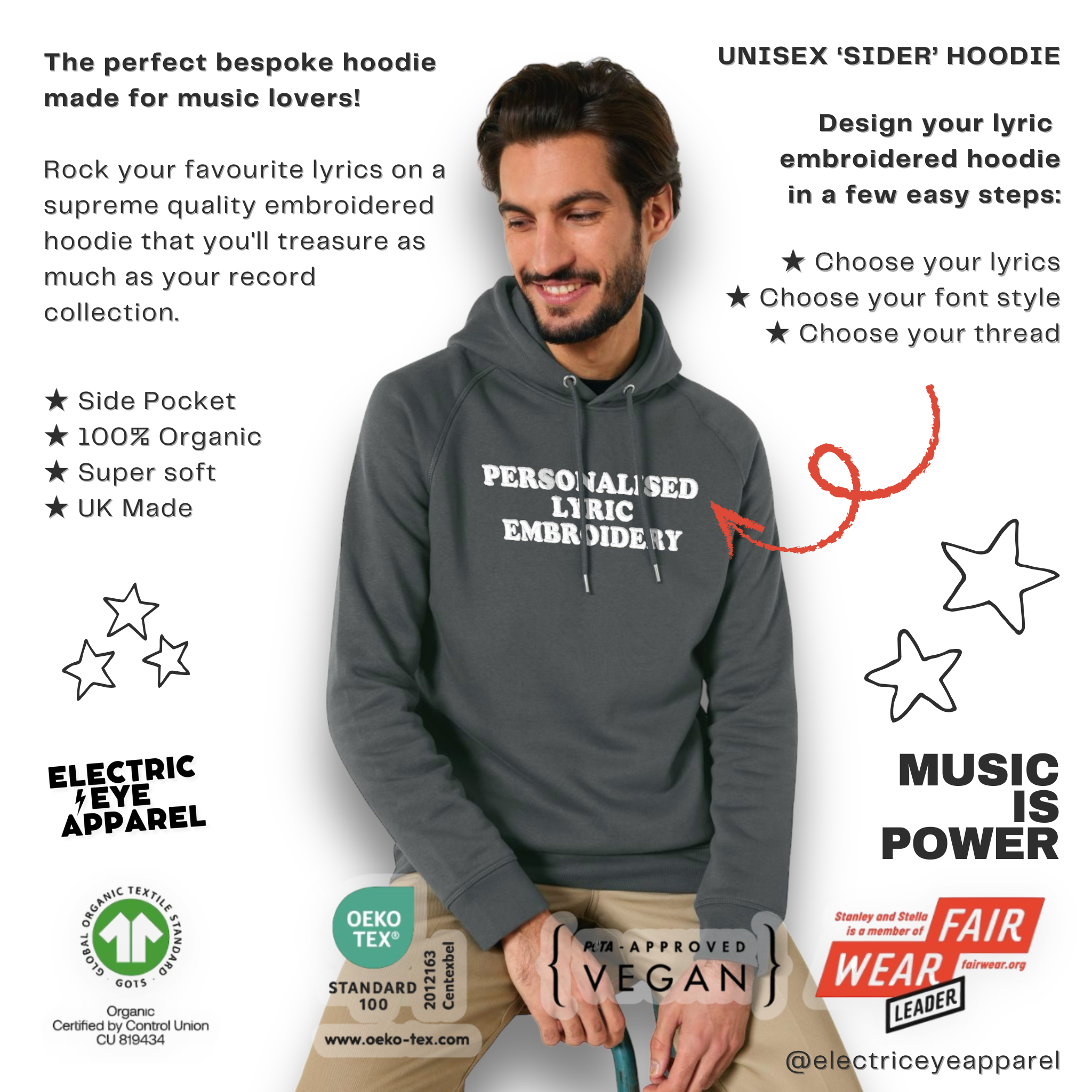 Personalised Lyric Centre Chest Embroidered premium organic unisex side pocket 'Sider' hoodie - choose your own lyrics, font and thread colour