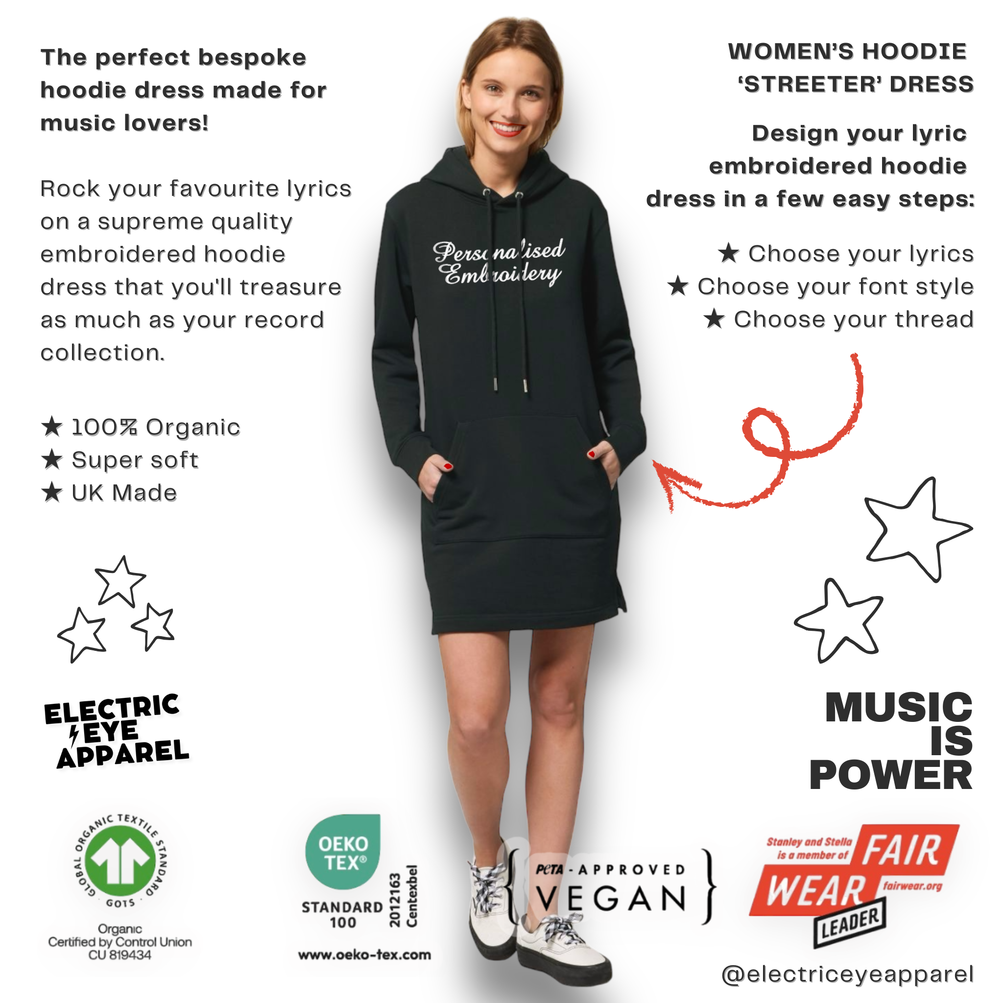 Personalised Lyric Centre Chest Embroidered premium organic women's hoodie 'Streeter' dress- choose your own lyrics, font and thread colour
